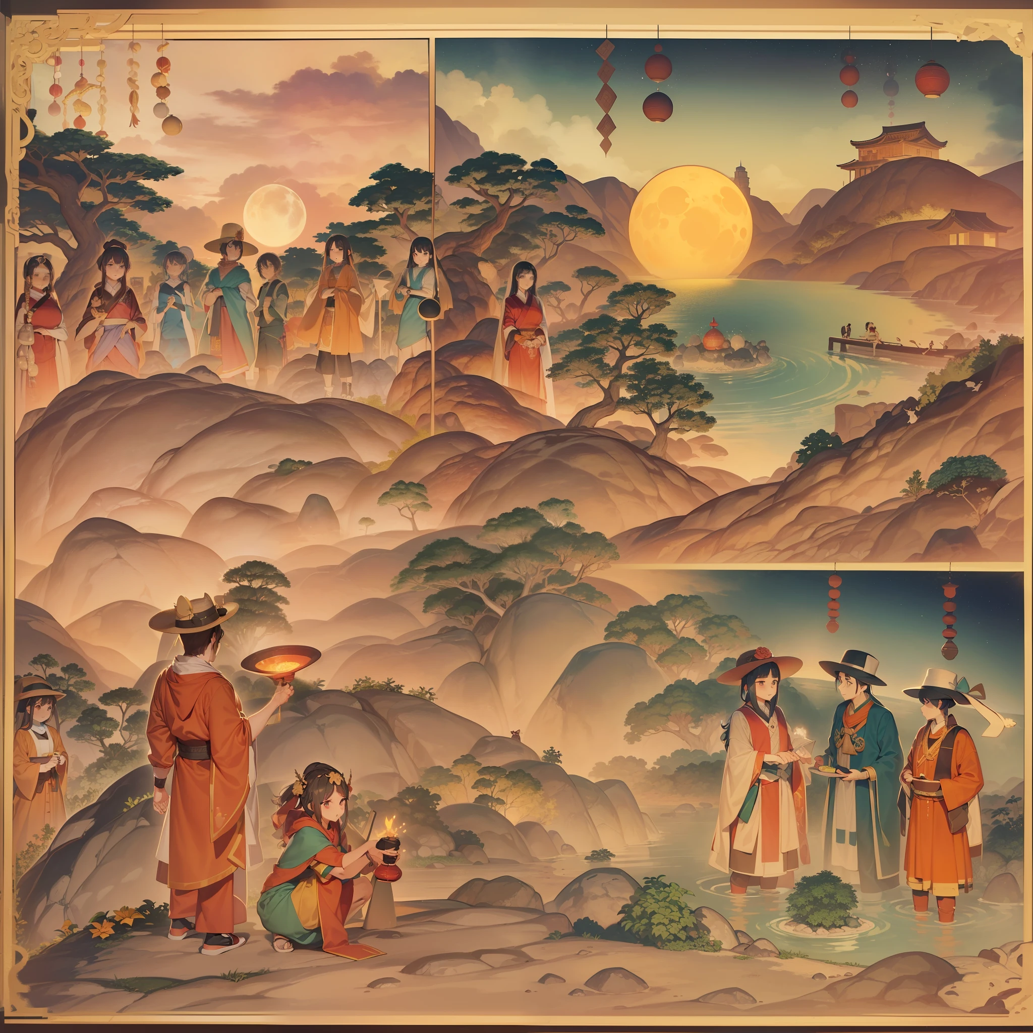 (Characters in the picture,Heat rush)(Characters in the picture,(The sun is gone,The heat burns the stones)。(The sixth day of the sixth month of the lunar calendar))The sun is blazing,A large pebble,The glow of the sun