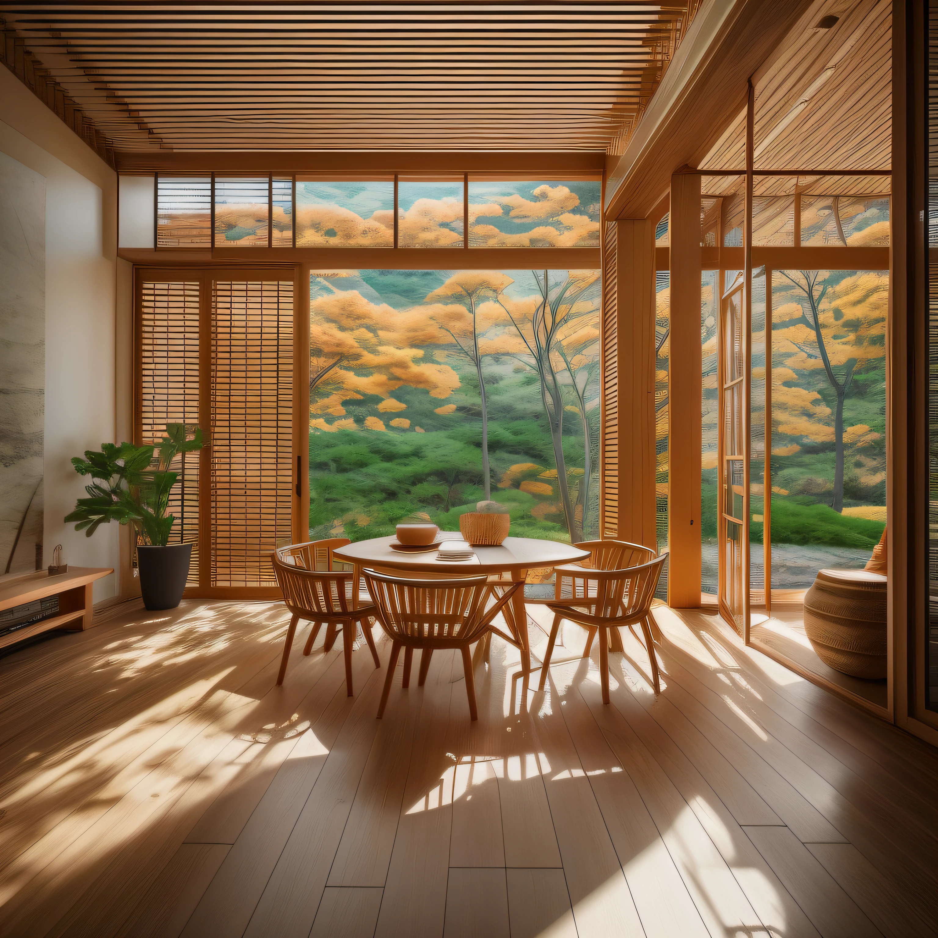 interior design、Insanely detailed wide-angle architectural photo、Cozy contemporary living room、(Bright and warm sunlight 1:0.1)、Award-winning contemporary interior design、landscapes、The table、a chair、inside the house、Wooden flooring、window、resturant、east asian east asian architecture、sliding paper doors、abajour、architectural、the woods、naturey、cups、a plant、interior design、Insert lighting and shadows、depth of fields、low illuminance、