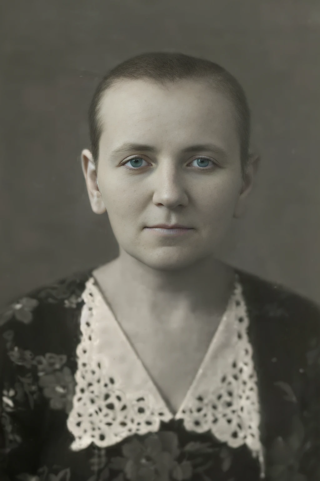 Old black and white photograph of woman in floral print shirt, anna podedworna, maria panfilova, moleksandra shchaslyva, nadezhda tikhomirova, anastasia ovchinnikova, magdalena radziej, Angelina Stroganova, Portrait of Lumastina celerraria, a photo of woman