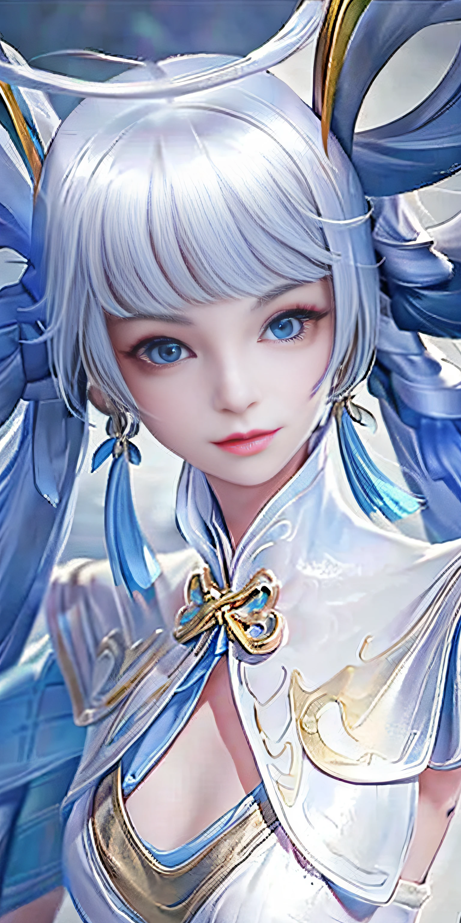 xiangxiang, 1girl in, Blue eyes, Solo, earrings, Halo, Jewelry, Looking at Viewer, 
A hyper-realistic,8K,Intricate details,From Another Realm,Sunrise,proportionate,15 year old girl,Very cute & Girly (idolmaster), In the air
,gameCG background,3d rendered,Realistic,Cinematic lighting,smooth fog,Detailed face, 15 years old mix4,