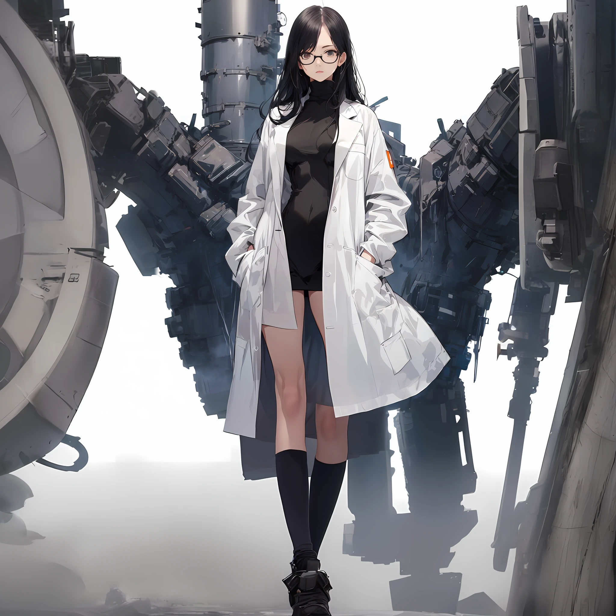 Anime character in white coat and black dress standing in front of a huge machine, best anime 4k konachan wallpaper, Modern sci-fi anime, Cyberpunk anime girl mecha, guweiz, Sci-Fi Anime, guweiz on pixiv artstation, guweiz on artstation pixiv, Cyberpunk Anime Girl, Sci-Fi Anime