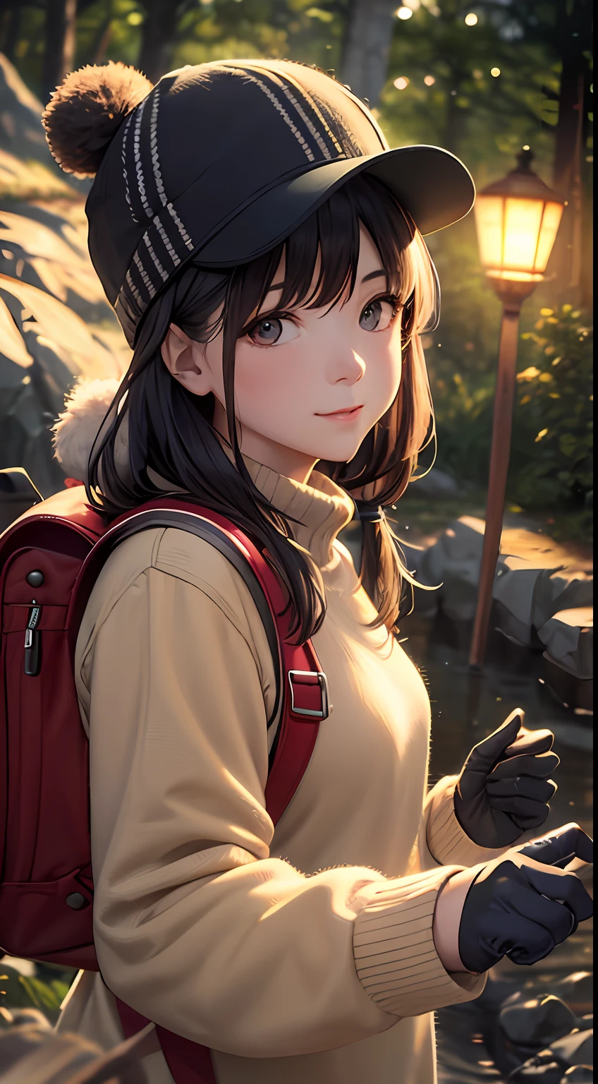 1 woman ((upper body selfie, happy)), masterpiece, best quality, ultra-detailed, ground, outdoor, (night), mountains, nature, (stars, moon) cheerful, happy, backpack, bag sleeping bag, camping stove, water bottle, mountain boots, gloves, sweater, hat, lantern, forest, rocks, river, wood, smoke, shadows, contrast, clear sky, style, (warm hue, warm tone): 1.2), close-up, cinematic light, side lighting, ultra high resolution, best shadow, RAW, upper body, old man, wearing pullover