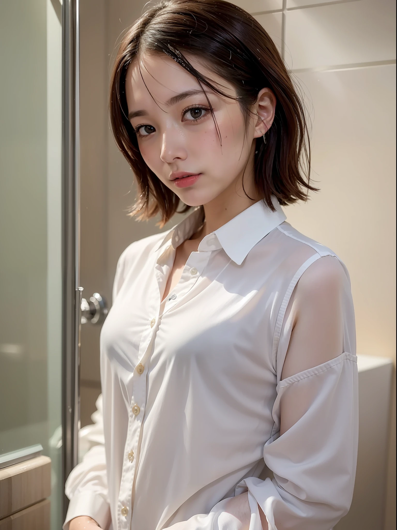 ((top quality, 8k, masterpiece: 1.3, raw photo)), Sharp Focus: 1.2, (1 aespa girl: 1.2), (Realistic, Photorealistic: 1.37), (face focus: 1.1), cute face, ultra detailed face, small breasts, flat chest, short messy hair, (wet White button up long shirt :1.1), wet body, standing bathroom, water shower, sunlight, movie lighting,