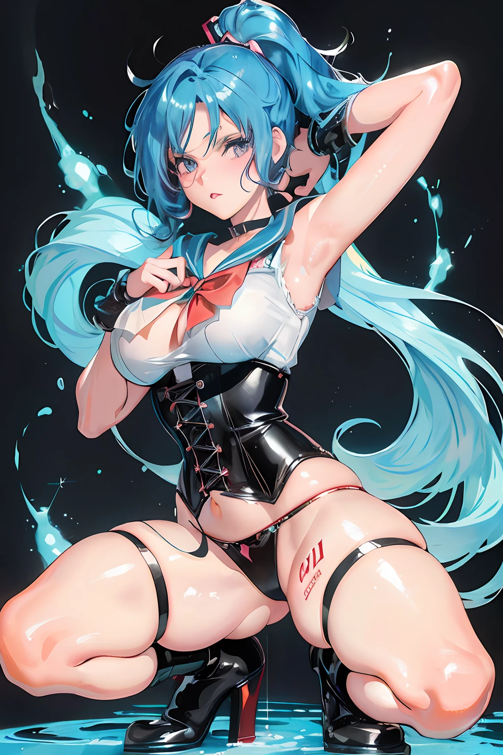 anime girl with blue hair and black stockings posing in water, seductive anime girl, miku, extremely detailed artgerm, mikudayo, anime style 4 k, hatsune miku, top rated on pixiv, [ 4 k digital art ]!!, trending on artstation pixiv, anime girl, badass anime 8 k, anime girl with teal hair, digital anime art