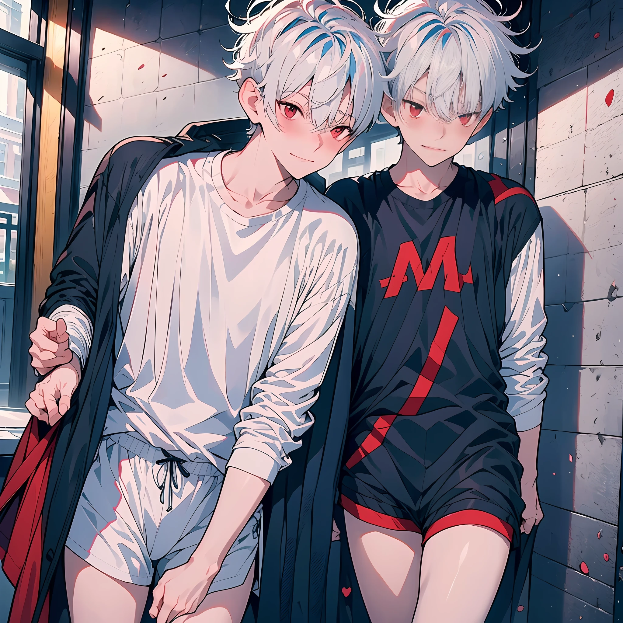 （tmasterpiece），（best qualtiy），（breath-taking），Focus on boy characteristics：年轻，Short gray hair，red eyes，ssmile。The boy wears a long-sleeved sweater and shorts，In indoor scenes，Enjoying ice cream，Full of cute and sweet atmosphere，Close-up Shot Shot。