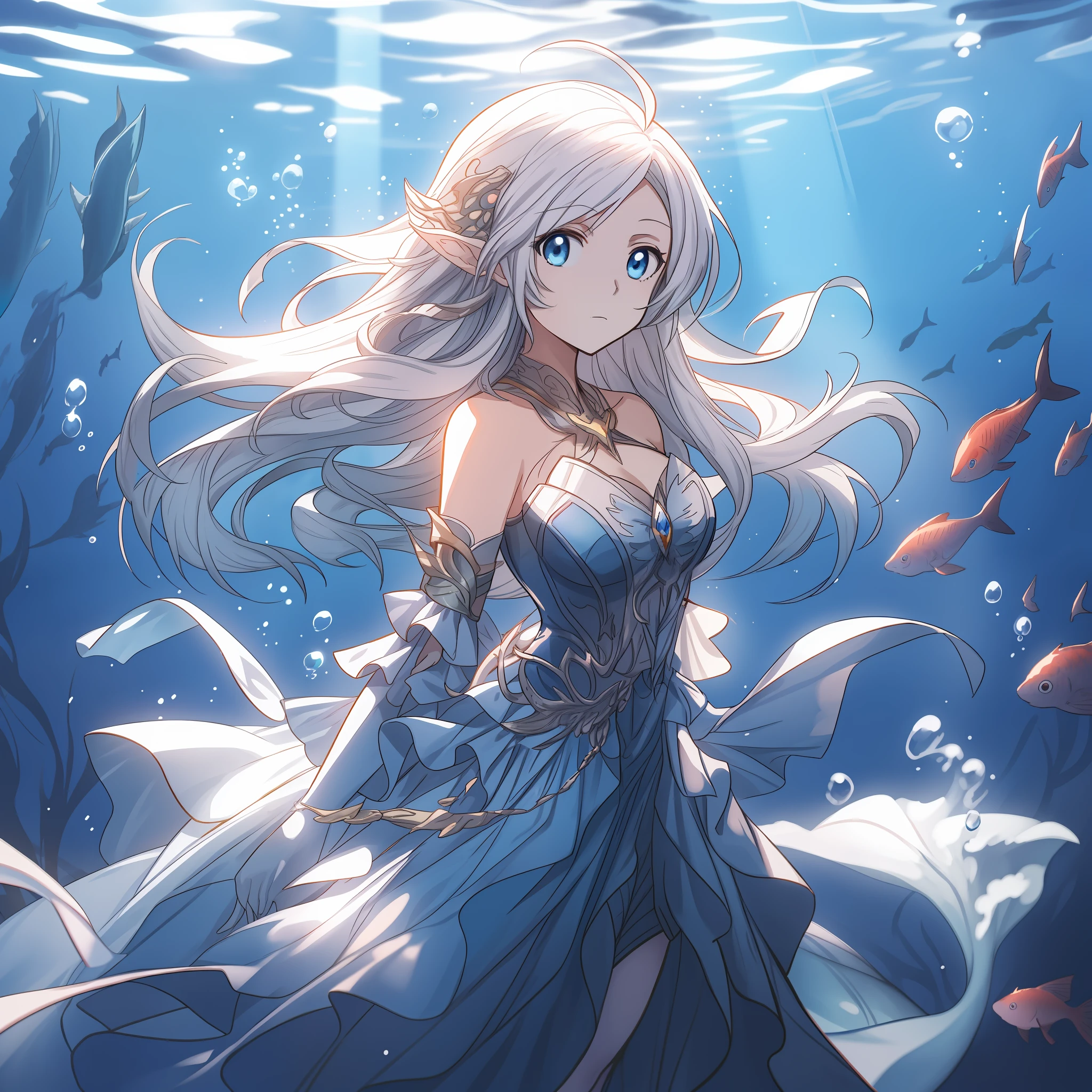 anime girl in a blue dress standing in the water, wallpaper anime blue water, trending on artstation pixiv, granblue fantasy, goddess of the ocean, beautiful fantasy anime, ”beautiful anime woman, detailed digital anime art, anime fantasy illustration, goddess of the sea, beautiful anime artwork, detailed anime art, beautiful anime art, high quality anime art, white hair, mermaid