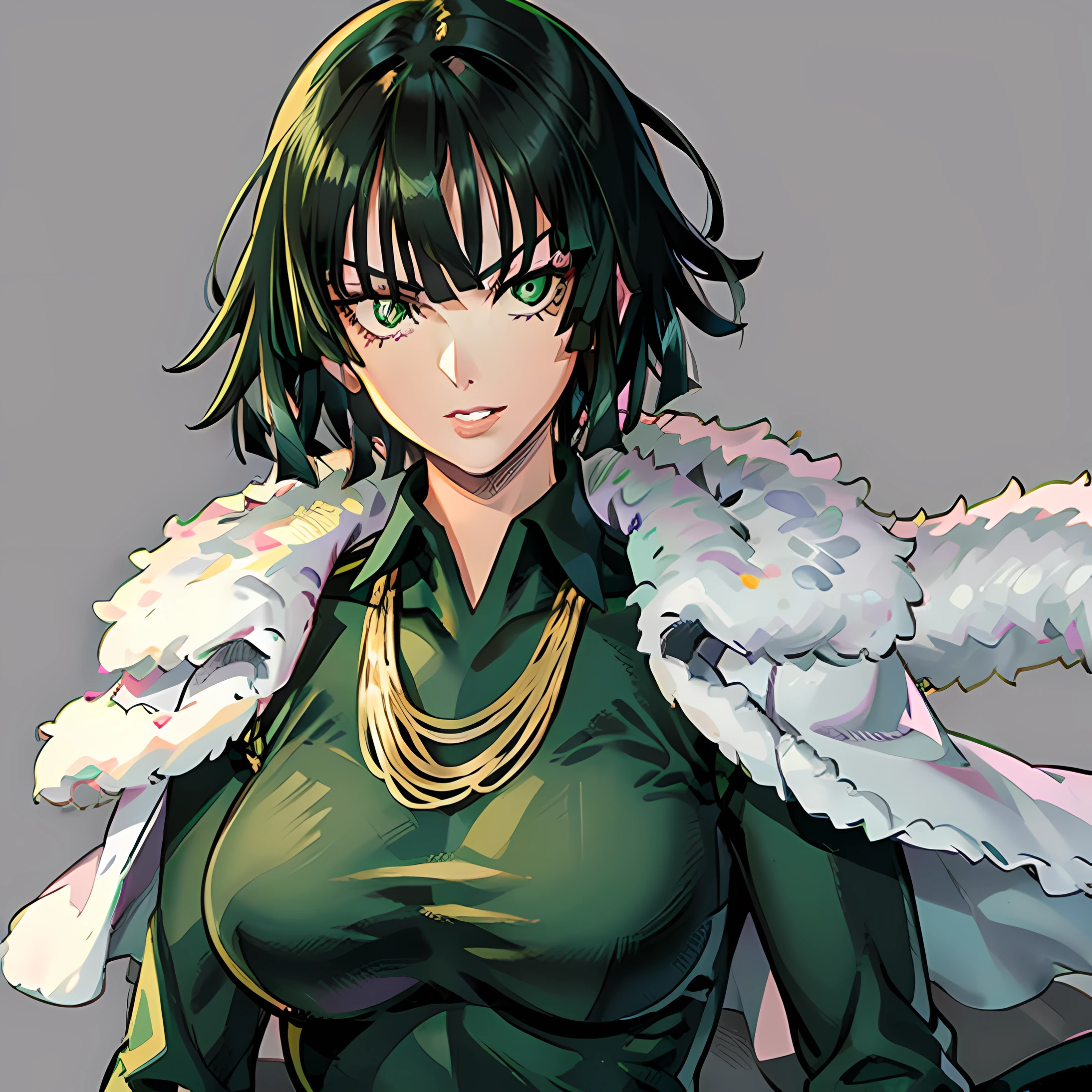 Fubuki\(one punch man\),1girl in,Solo, Large breasts, Green eyes, Black hair,Portrait, taut clothes, Green dress, Fur trim, Fur coat, Necklace, Looking at Viewer, maturefemale, White background, Simple background, Smile, Parted lips, lip stick