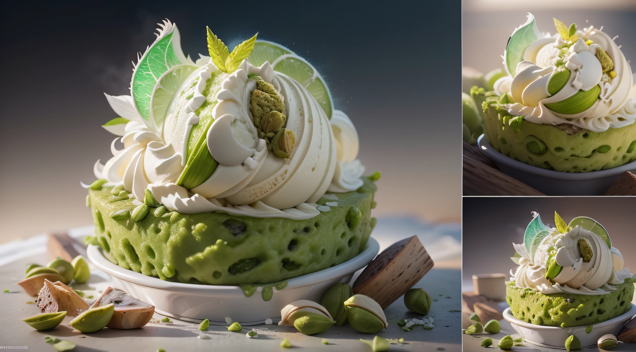 Vanilla and pistachio ice cream, Cinematic, Hyper - detailed, insanely details, beautifully color-graded, illusory engine, degrees of freedom, Super - Resolution, megapixel, Cinematic lightning, Anti – Aliasing, FKAA, TXAA, RTX, SSAO, post-proces, postproduction, Tone-mapping, ...CGI, vfx, SFX, Insanely detailed and complex, hyper-maximalist, Ultra photo realsisim, volumetr, Photorealistic, The ultra-realistice, Ultra detailed, intricately details, 8K, Super detailed, Full color, Volumetric lightning, hdr, Realistic, illusory engine, 16k, Fine tune