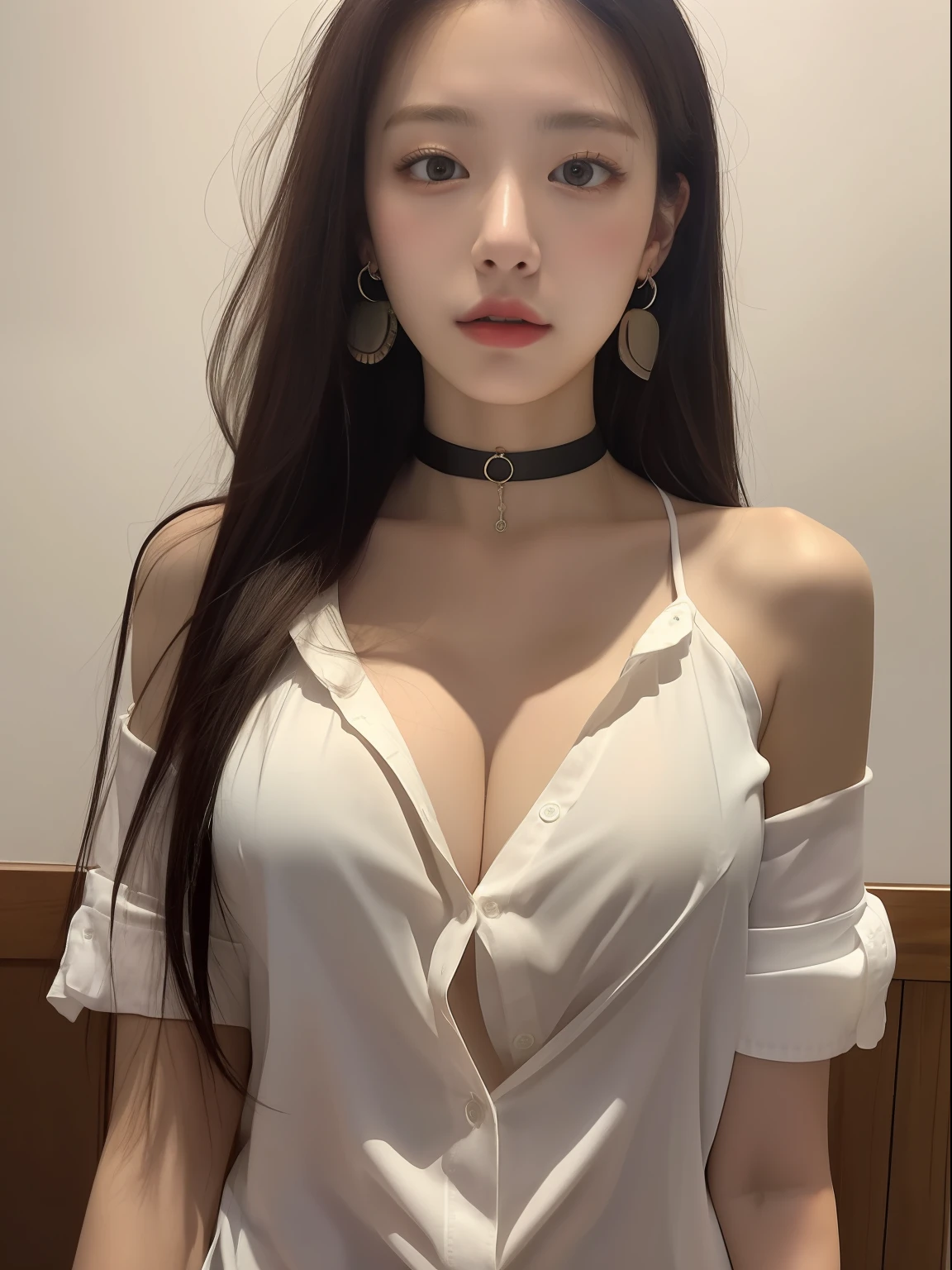 (masterpiece:1.2), realistic, photo of 18 y.o girl in a loose shirt(unbuttoned shirt), half, best quality, big breasts, Bare Shoulders, cleavage, nsfw, [[Hands hidden behind the back]], earrings, Complete shirts, black choker, solo, [sfw],