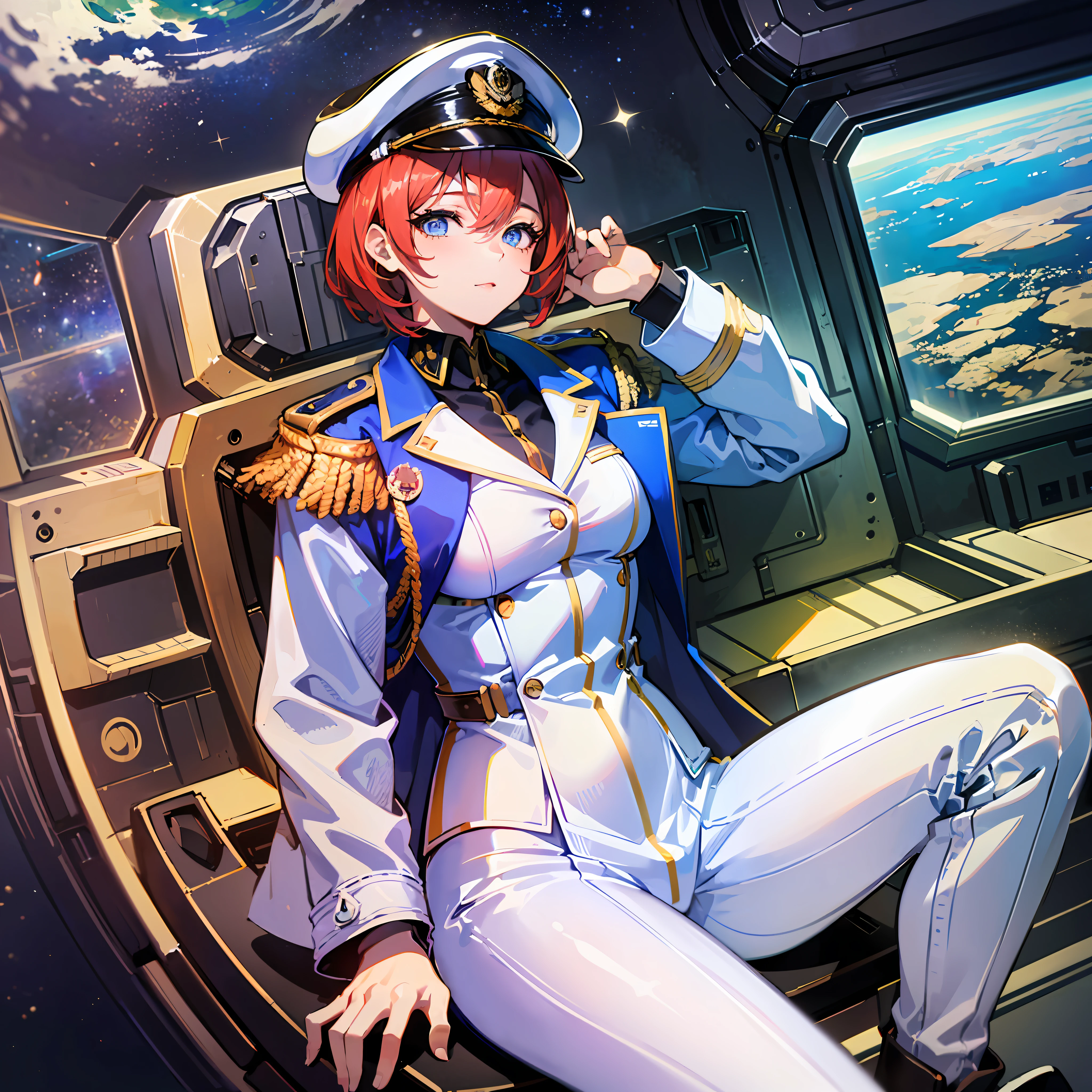 ((masterpiece))、((top-quality))、((Top image quality))、(Illustration of one girl)、full bodyesbian、25-years old、Red-haired shorthair、(Thin hair hanging down both sides of the face)、Blue eyes、((Long body))、((Muscular and strong body))、((manspreading))、((Military uniforms))、((Military Cap))、((Military coat))、(white clothes)、(White pants)、(White cap)、trench coat、((Inside the spaceship、Sitting in the captain's seat))、(Outside the window、Earth seen from space、Spaceport)