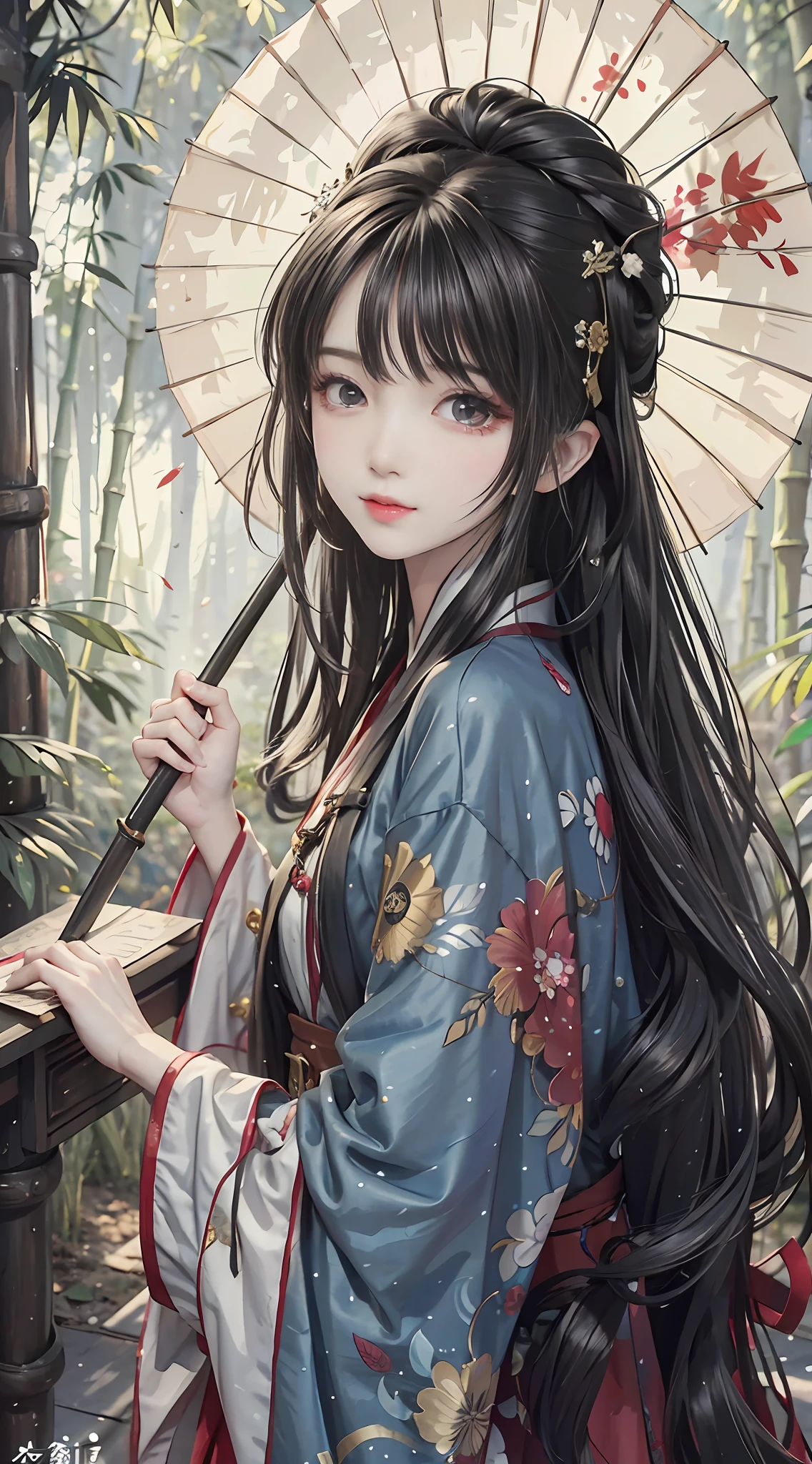 tmasterpiece, Best quality at best,8k, 1girll,(Hand holding a paper umbrella:1.2) Black hair,long whitr hair, 黑The eye,ssmile, Hanfu, swordsmen, bloods, bamboo forrest,Total withering