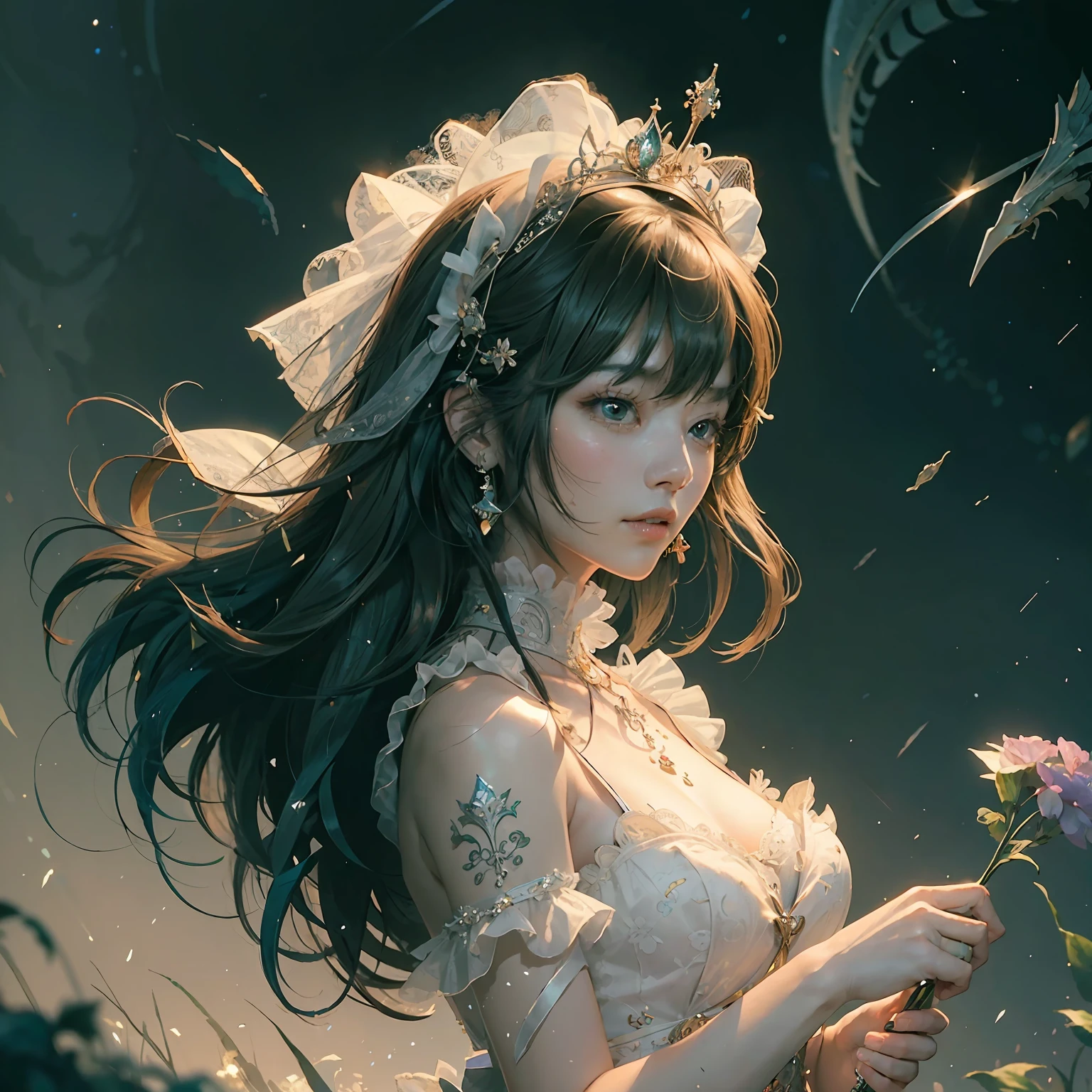 ((of the best quality ,  masterpiece, illustrations, an extremely delicate and beautiful, extremely detailed ,CG ,unity ,8K wallpapers, amazing, fine details,   masterpiece,of the best quality,official art,Extremely detailed CG unified 8k wallpaper)),long shot,1女孩,独奏, ,Bare shoulders, ulzzang-6500-v1.1,wedding dress,