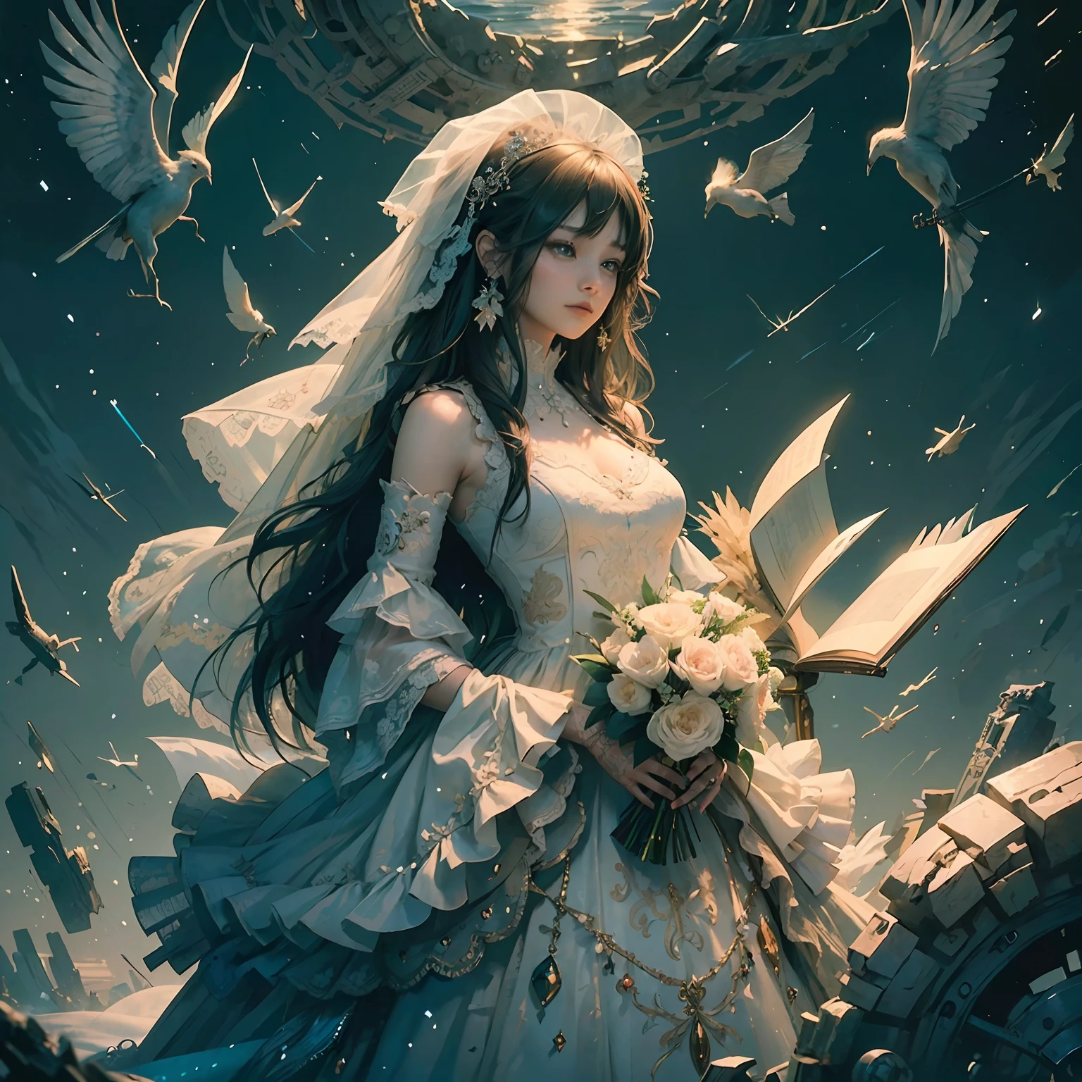 ((of the best quality , masterpiece, illustrations, an extremely delicate and beautiful, extremely detailed ,CG ,unity ,8K wallpapers, amazing, fine details, masterpiece,of the best quality,official art,Extremely detailed CG unified 8k wallpaper)),long shot,1女孩,独奏, ,Bare shoulders, ulzzang-6500-v1.1,wedding dress,