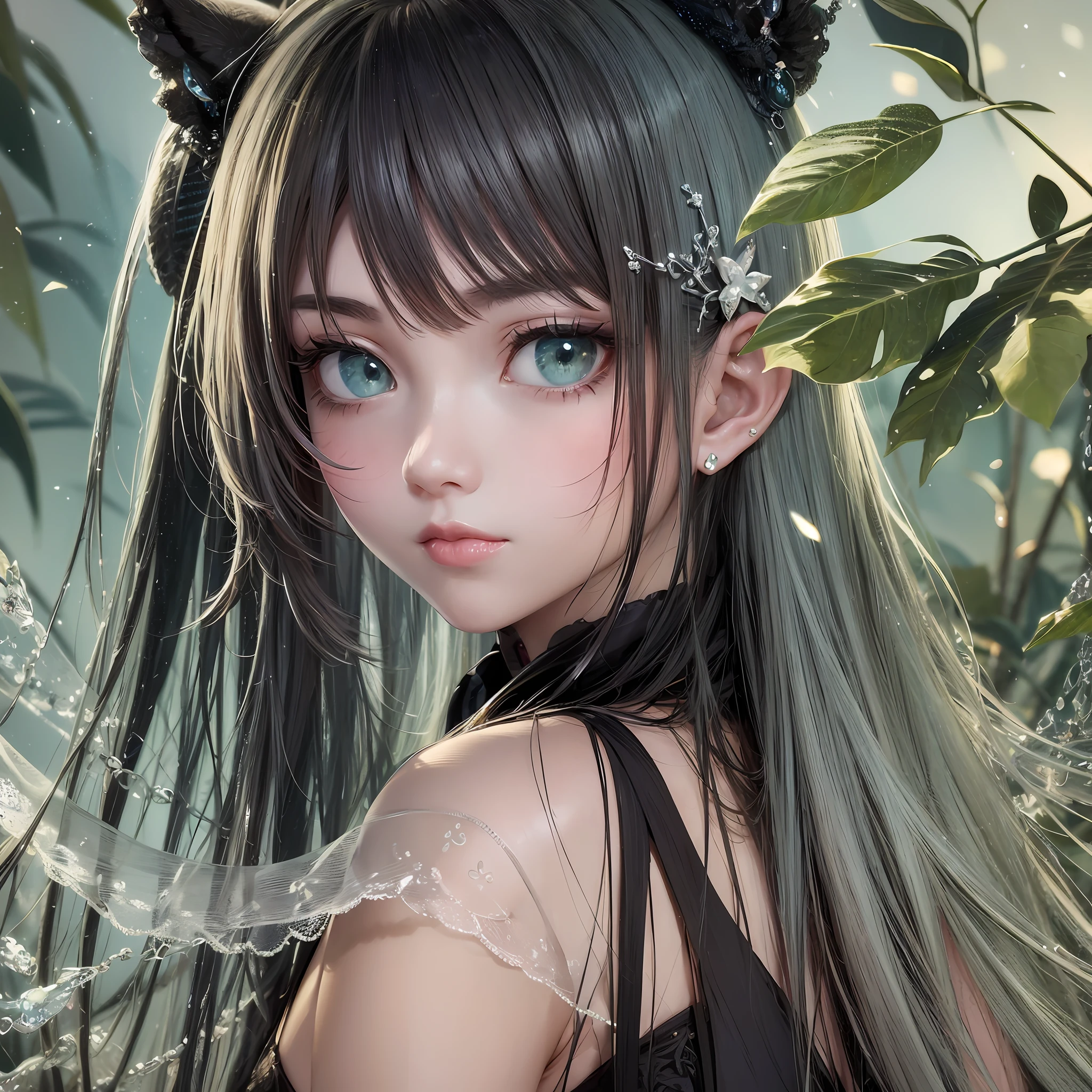 animesque、Clear, Moisturizing sea green eyes、Beautiful woman like a fashion model、a closeup、portlate、Beautiful, Beautiful black hair without hair ornaments, hight resolution,　top-quality, ​masterpiece, 8k wallpaper、 One Person、Beautiful skin、１７age、