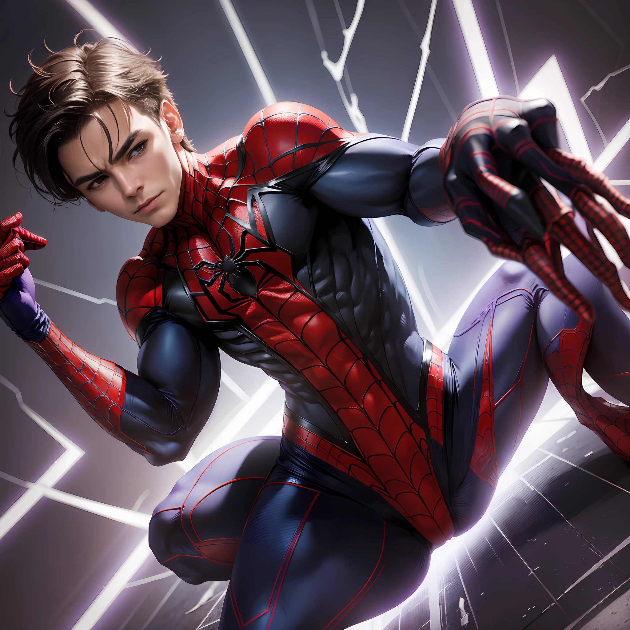 Make a spider-man with the purple colors on the legs with black strokes and the red and blue chest and head with the hand with the black color with legs appearing --auto