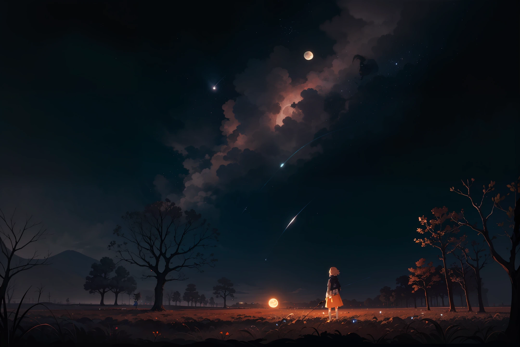 A girl stands in a field looking at the stars, girl looks at the space, girl in space, childrens art in artstation, cosmos sem fim no fundo, Anime art wallpaper 8 K, Makoto Shinkai Cyril Rolando, seeing the moon, lovely digital painting, calm evening. Digital illustration, Starry Sky 8 K, style of anime4 K，The picture aspect ratio is 5:1