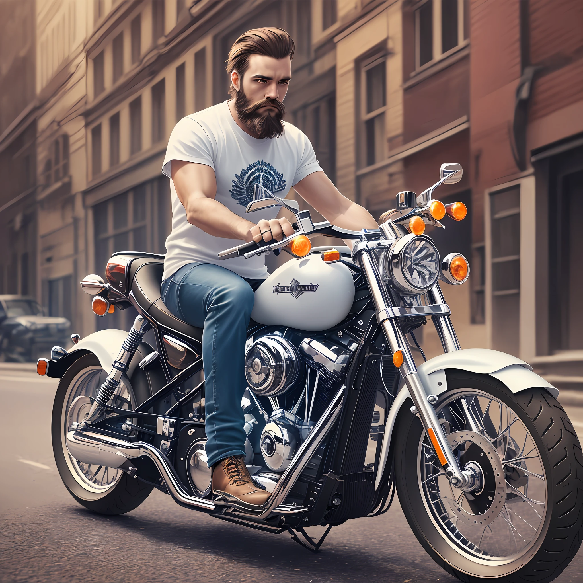 bearded man on a Harley-Davidson motorcycle, serious, in white basic teeshirt, full length white round neck Tee-shirt, tight jeans, ankle boots, 40k, intricate, elegant, highly detailed, digital painting, concept art, soft, sharp focus, 3d, photorealistic, illustration, film photography, light leaks --auto --s2