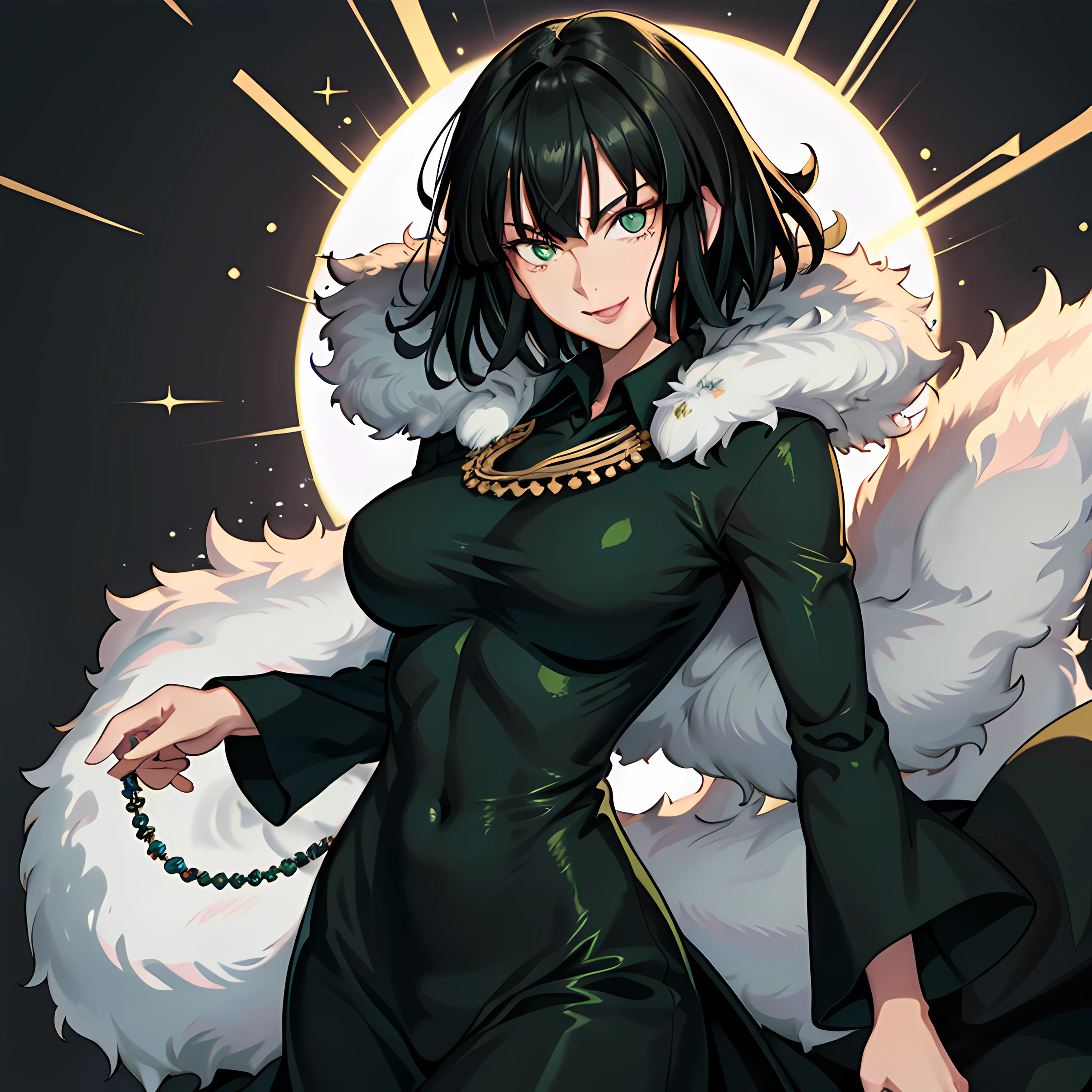 Fubuki\(one punch man\),1girl in,Solo, Large breasts, Green eyes, Black hair,Portrait, taut clothes, Green dress, Fur trim, Fur coat, Necklace, Looking at Viewer, maturefemale, White background, Simple background, Smile, Parted lips, lip stick