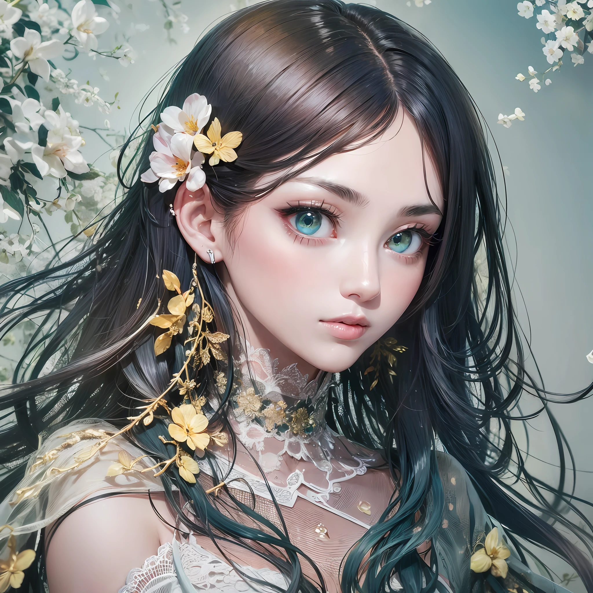 animesque、Clear, Moisturizing sea green eyes、Beautiful woman like a fashion model、a closeup、portlate、Beautiful, Beautiful black hair without hair ornaments, hight resolution, top-quality, masterpiece, 8k wallpaper、 One Person、Beautiful skin、17age、