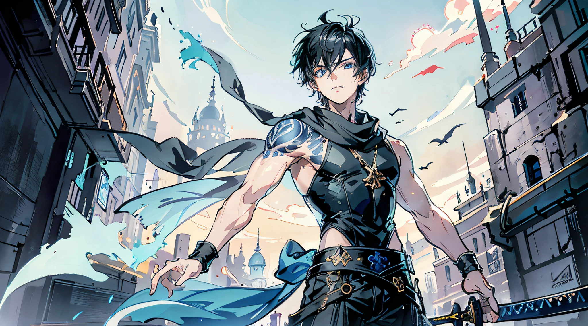 (absurdres, highres, ultra detailed), masterpiece, best quality, real light and shadow, solo, a boy with black hair, white sleeveless outfits, handsome, finely eye, detailed face, detailed eye, black scarf, two swords, dual-swords, a swords surround by blue flame, tattoo, from below, look down, ruined city, dark background, swirl, spark, cowboy shot, BREAK, blue eyes, BREAK, GlowingRunes_paleblue sword,