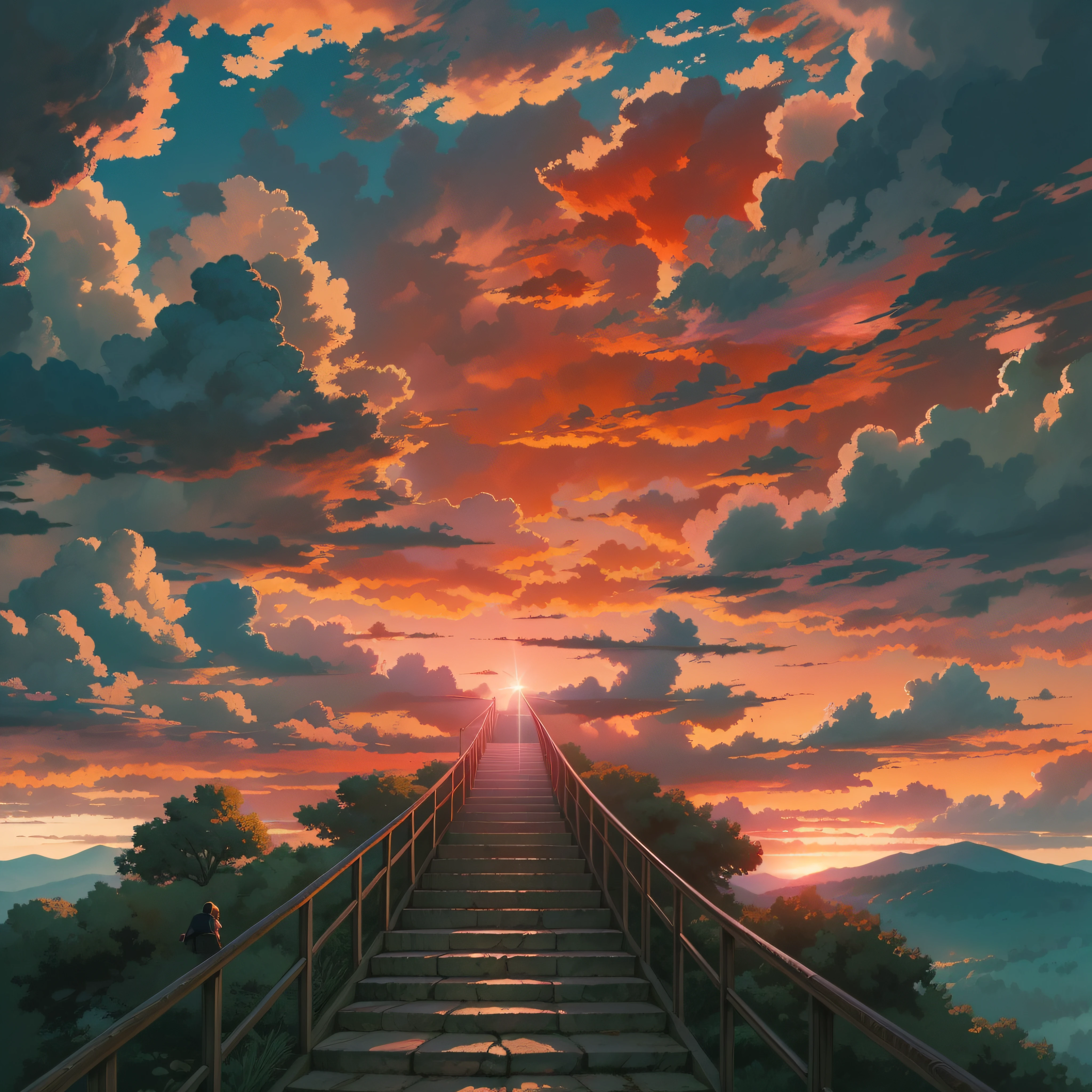 animesque、Skyscape with clouds、Red sunset sky、Deities々Shikai、stairway、You can see the touch of the brush、no human figures、Studio Ghibli、Ghibli、Scenery、Style、The light is sparkling、sky line、low angles