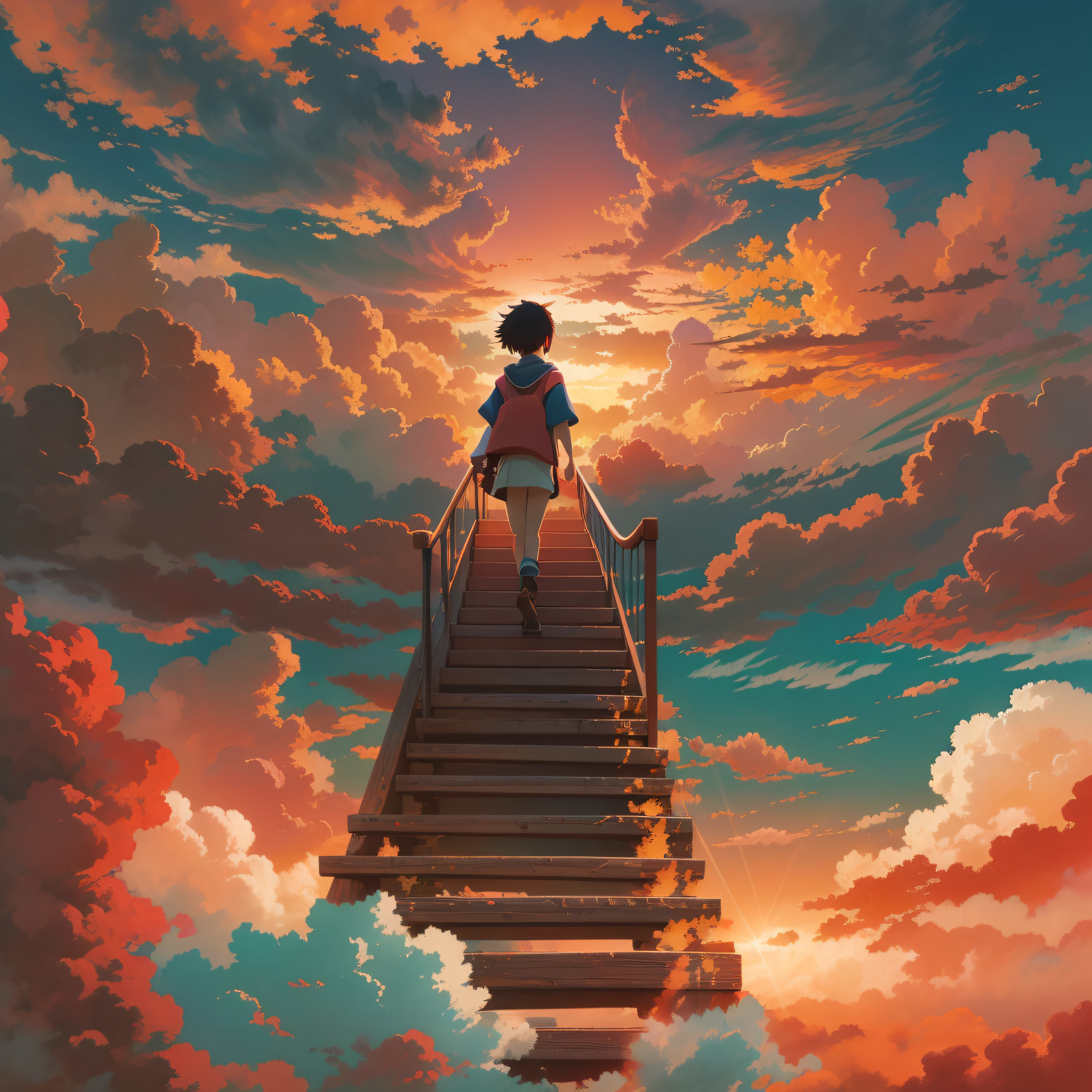 animesque、Skyscape with clouds、Red sunset sky、Deities々Shikai、stairway、You can see the touch of the brush、no human figures、Studio Ghibli、Ghibli、Scenery、Style、The light is sparkling、sky line、low angles