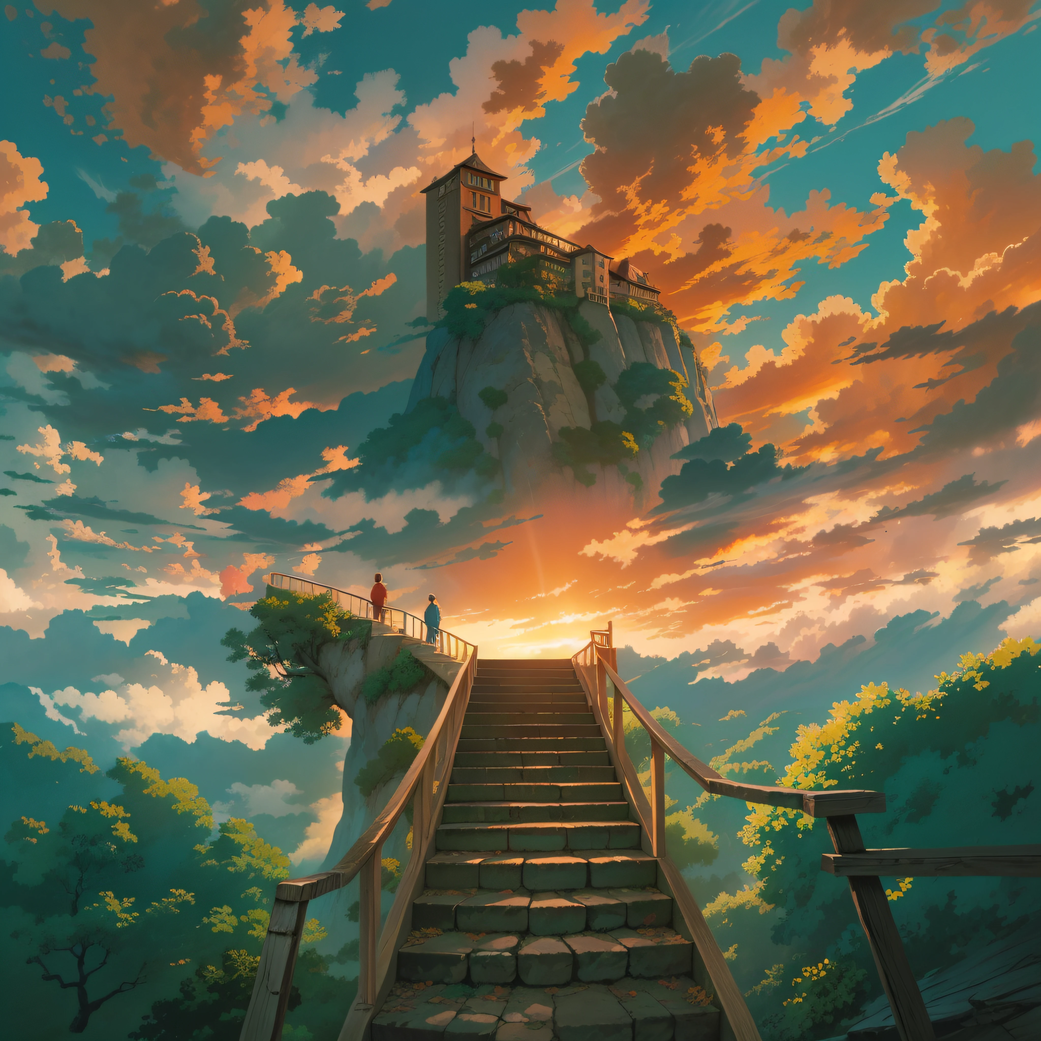 animesque、Skyscape with clouds、Red sunset sky、Deities々Shikai、stairway、You can see the touch of the brush、no human figures、Studio Ghibli、Ghibli、Scenery、Style、The light is sparkling、sky line、low angles