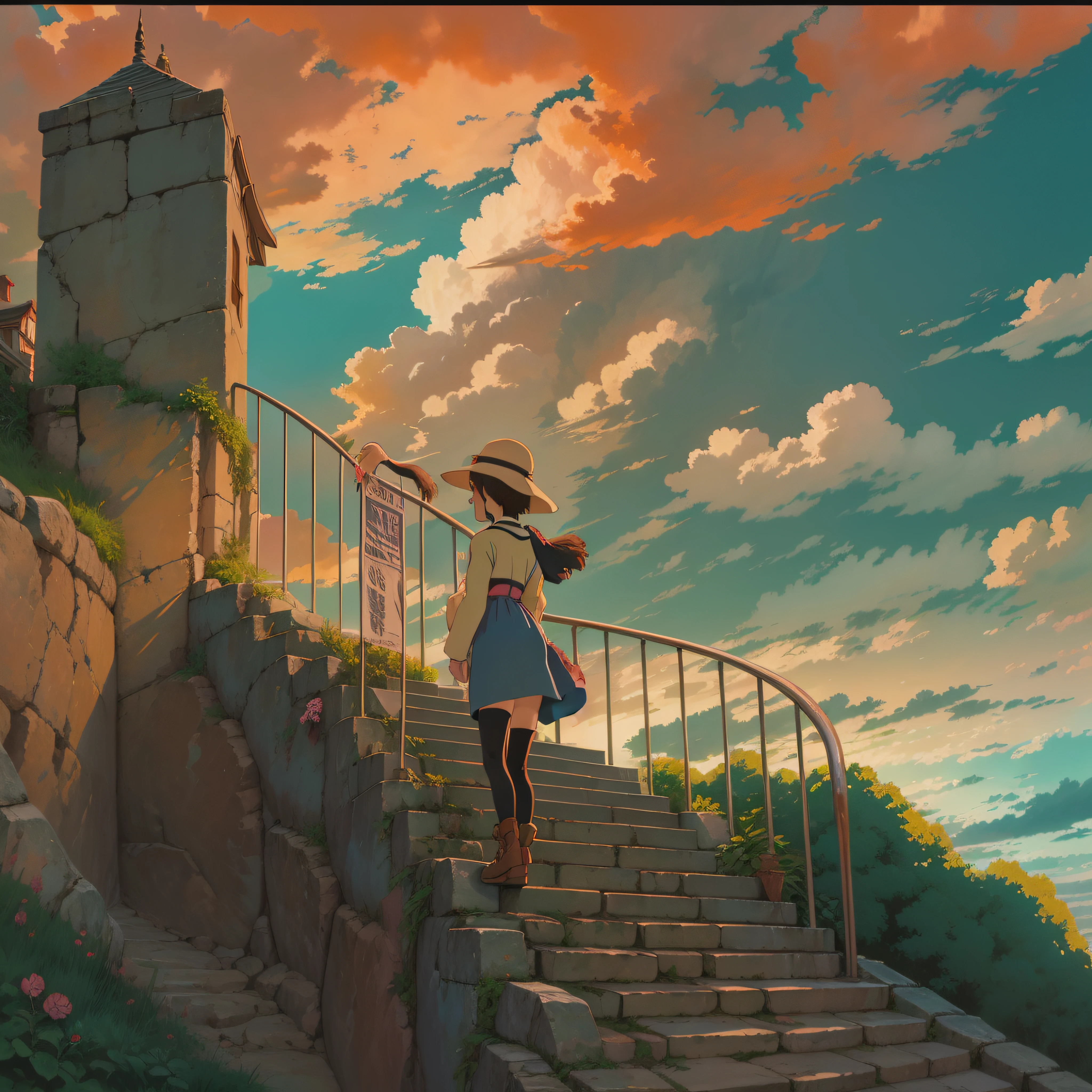 animesque、Skyscape with clouds、Red sunset sky、Deities々Shikai、stairway、You can see the touch of the brush、no human figures、Studio Ghibli、Ghibli、Scenery、Style、The light is sparkling、sky line、low angles