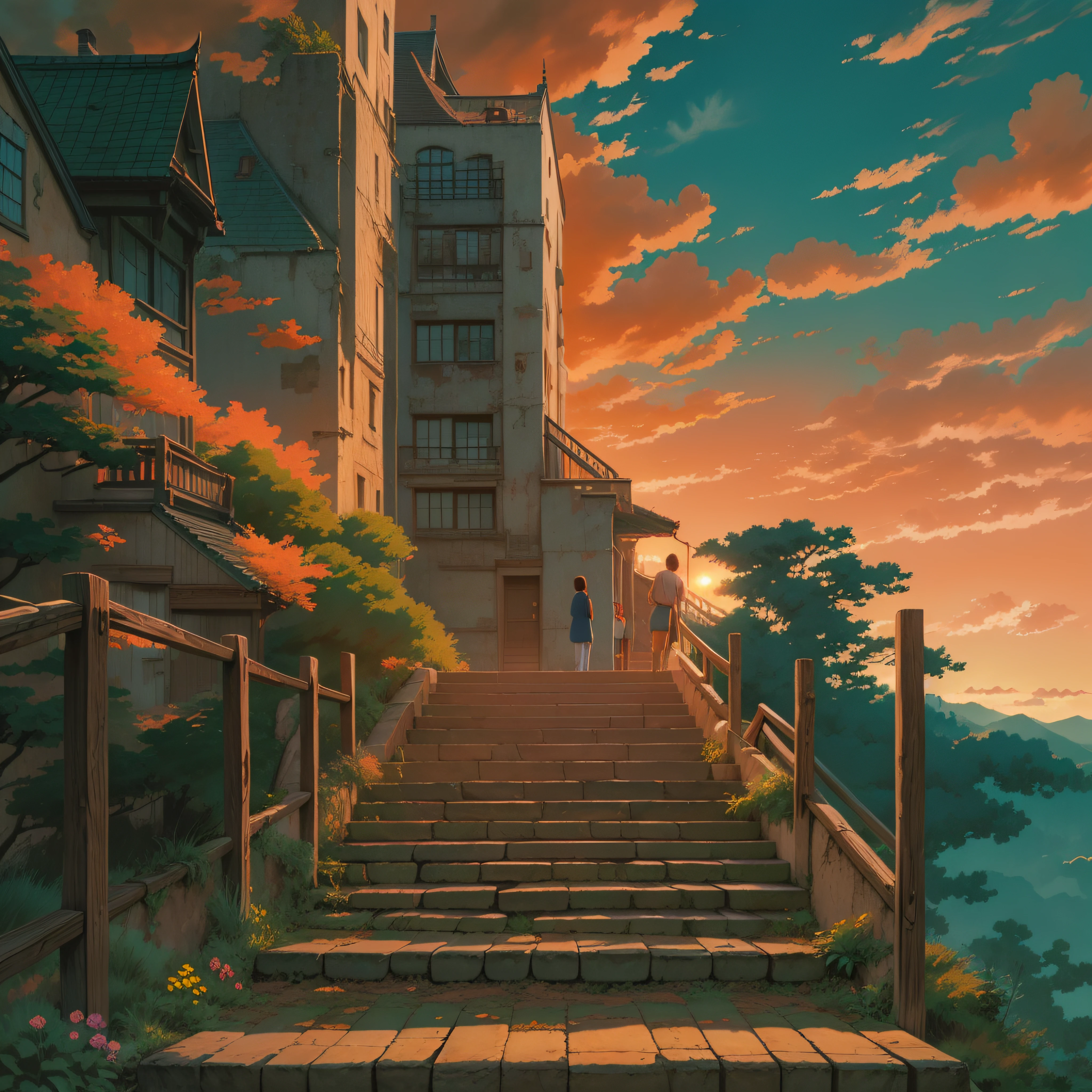 animesque、Skyscape with clouds、Red sunset sky、Deities々Shikai、stairway、You can see the touch of the brush、no human figures、Studio Ghibli、Ghibli、Scenery、Style、The light is sparkling、sky line、low angles