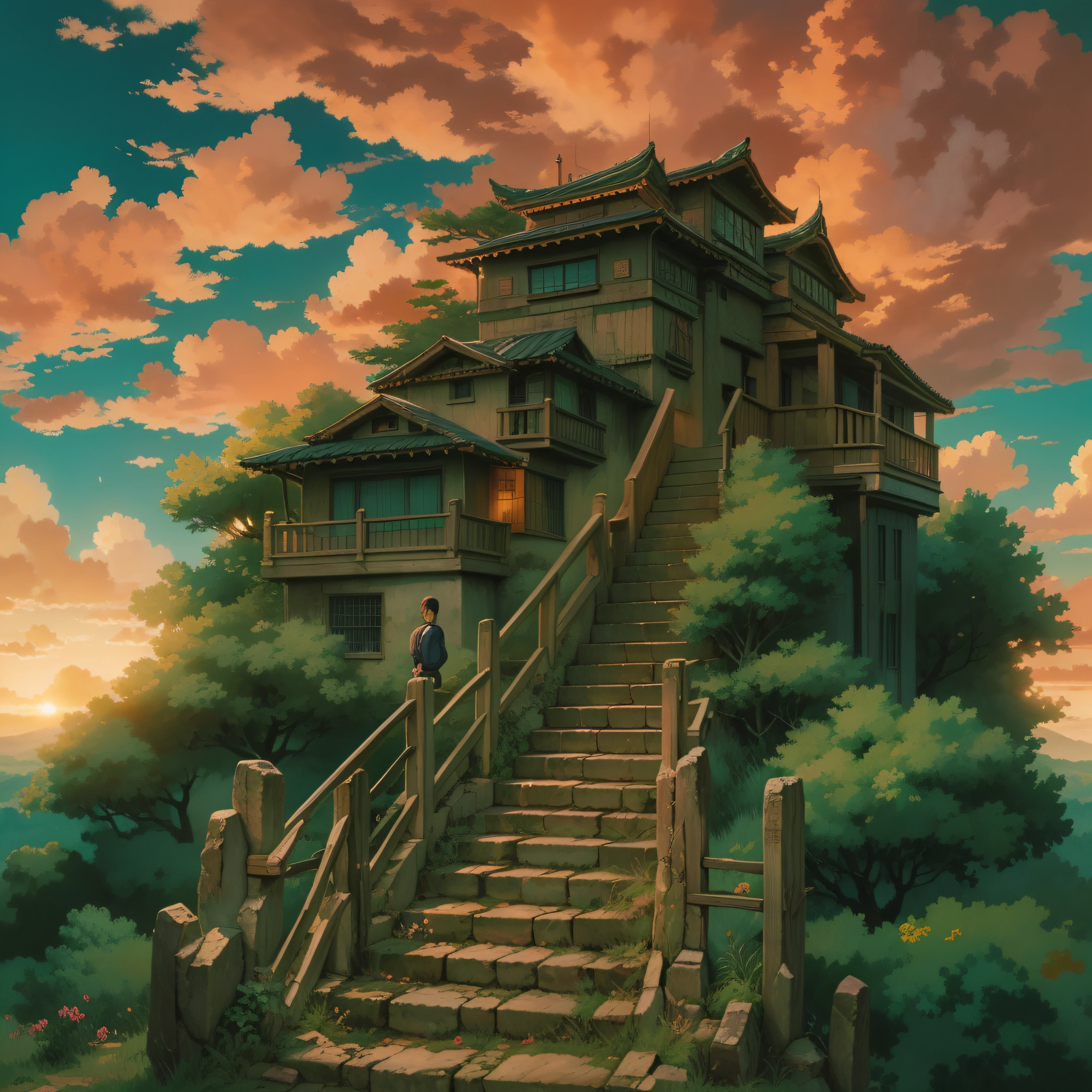 animesque、Skyscape with clouds、Red sunset sky、Deities々Shikai、stairway、You can see the touch of the brush、no human figures、Studio Ghibli、Ghibli、Scenery、Style、The light is sparkling、sky line、low angles