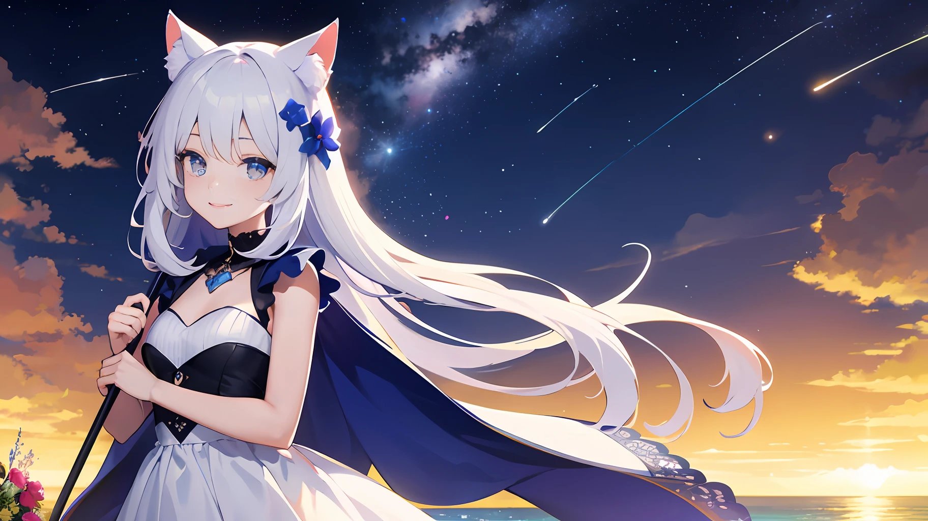 (tmasterpiece,best qualtiy,Hyper-detailing,Best shadow),(beautifull detailed face),((cinematric light)),vibrant with colors,Hyper-detailing,complexdetails、wears a white dress,blue color eyes,Girl with long white hair,Holding a purple lace umbrella,With cat ears,There are shooting stars across the sky,Smiling,Have by the sea,He wears a white garland on his hands,Behind it is a starry sky,Smiling,medium chest circumference,In a sea of flowers