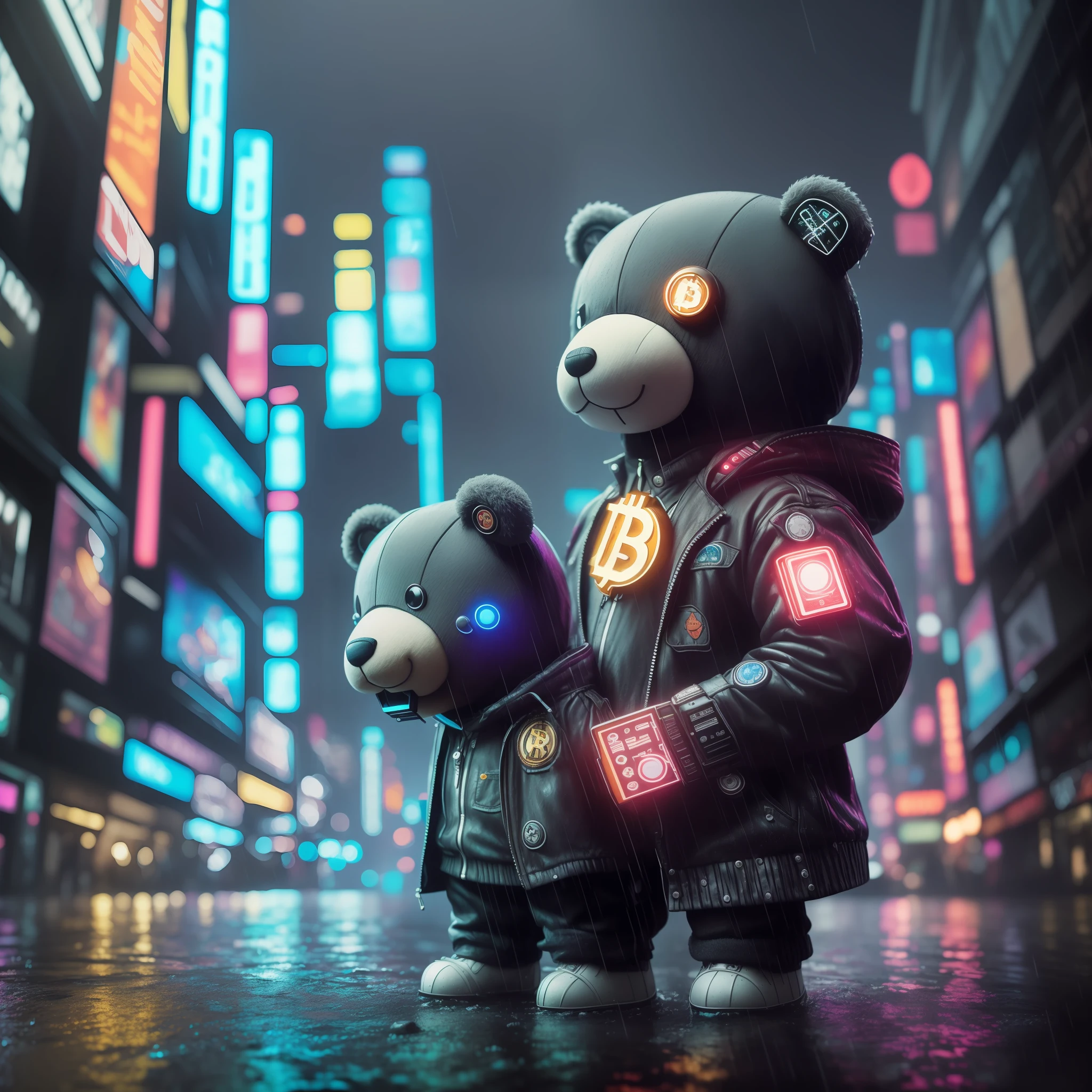 Create a breathtaking masterpiece with stunning effects, plush teddy, usando colar de bitcoin, wet, (cyberpunk:1.1), rain, epic realistic, rutkowski, hdr, intricate details, hyperdetailed, cinematic, rim light, muted colorsde