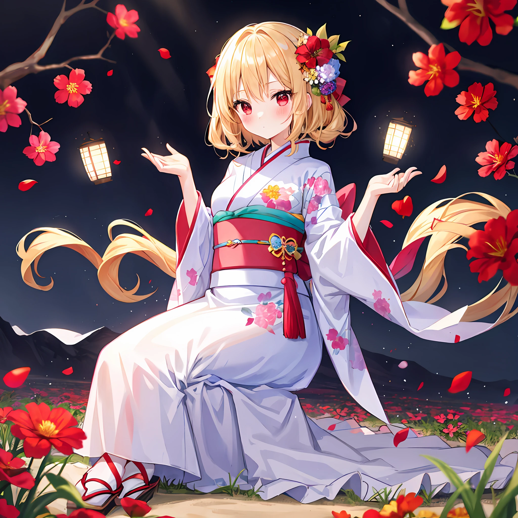red blush、Wavy blonde hair、red eyes、Beautiful girl alone、animesque、独奏、Kimono、flower field