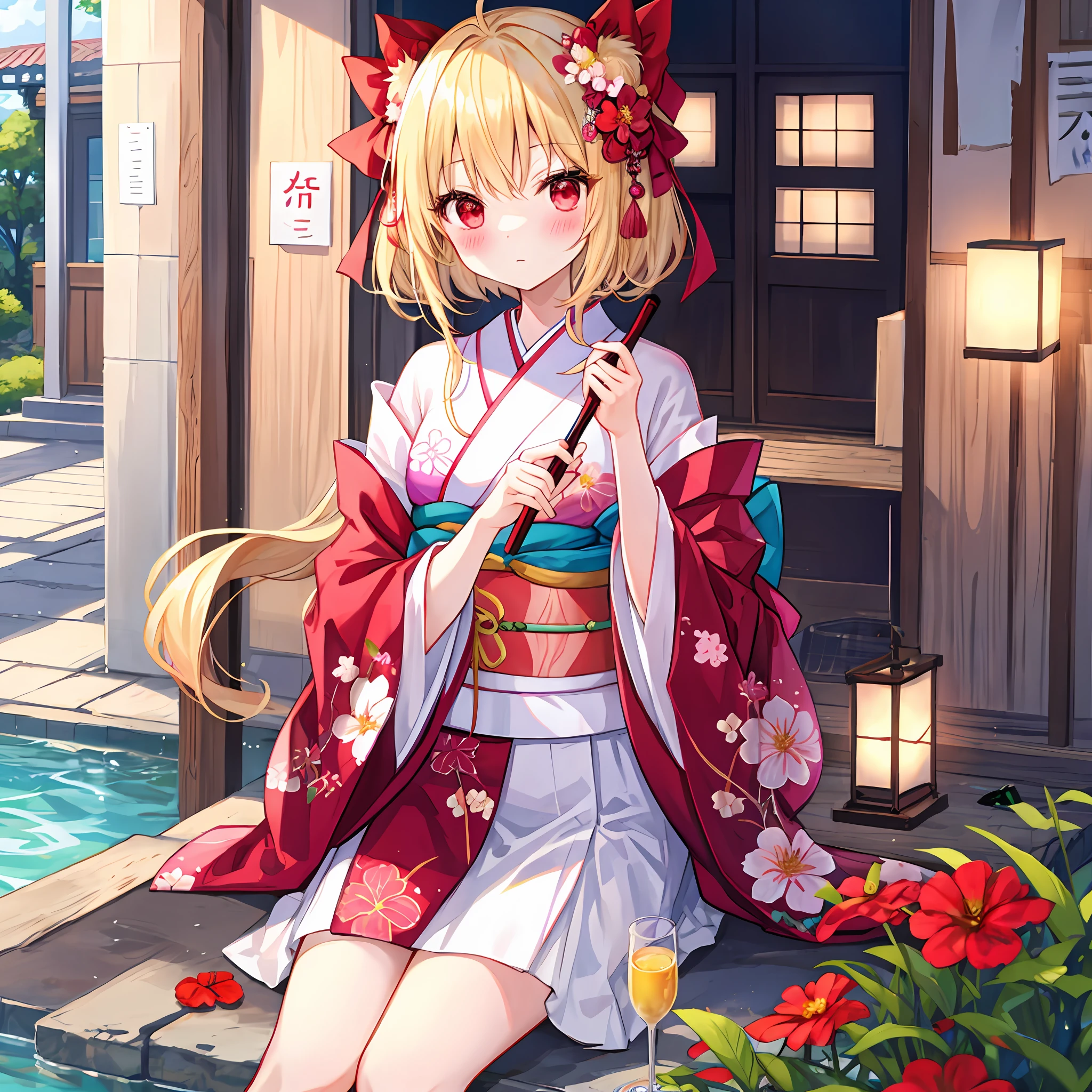 red blush、blonde  hair、red eyes、Beautiful girl alone、animesque、独奏、Kimono、florals