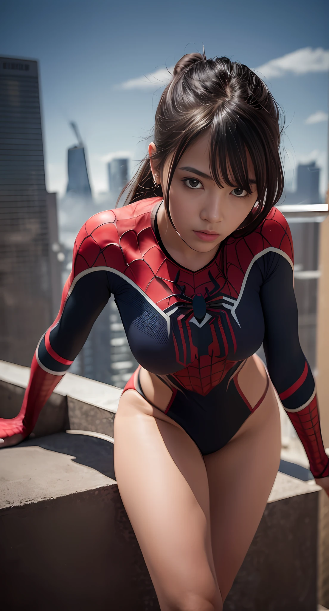 (1girl:1.3), Solo, (((Very detailed face)))), ((Very detailed eyes and face)))), Beautiful detail eyes, Body parts__, Official art, Unified 8k wallpaper, Super detailed, beautiful and beautiful, beautiful, masterpiece, best quality, original, masterpiece, super fine photo, best quality, super high resolution, realistic realism, sunlight, full body portrait, amazing beauty, dynamic pose, delicate face, vibrant eyes, (from the front), She wears Spider-Man suit, red and black color scheme, spider, very detailed city roof background, rooftop, overlooking the city, detailed face, detailed complex busy background, messy, gorgeous, milky white, highly detailed skin, realistic skin details, visible pores, clear focus, volumetric fog, 8k uhd, DSLR, high quality, film grain, fair skin, photo realism, lomography, futuristic dystopian megalopolis, translucent