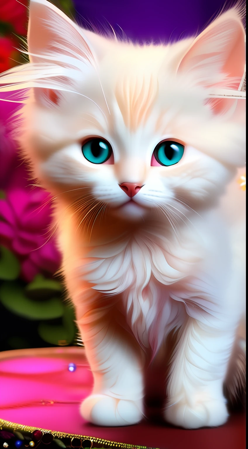 A white-haired kitten， shaggy，sparkle eyes，Jewelry and flowers in the background，Round frame，Catstravaganza