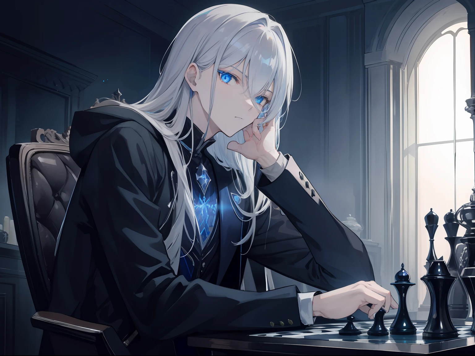 {[{{"Magnificent dark atmosphere, 4k artwork of man with gray hair and glowing blue eyes sitting on chessboard, Think about your next move."}]}}