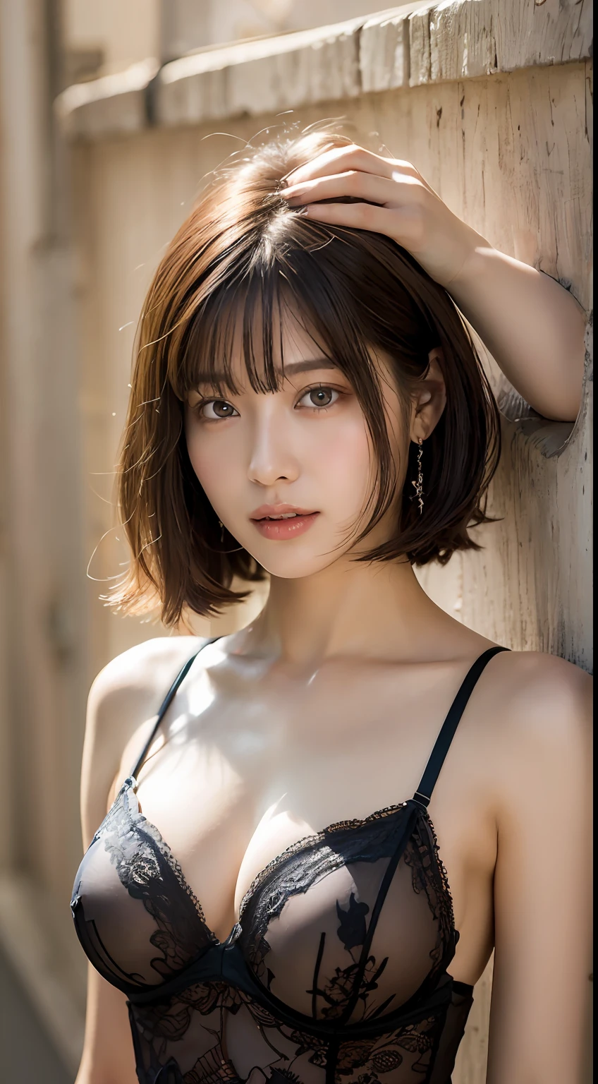 (8k, RAW Photo, Best Quality, Masterpiece:1.2), Ultra Detail, Super Resolution, (Realistic, Realistic Photo:1.37), Portrait, High Detail RAW Color Photo, Professional Photo, Extremely Detailed and Beautiful, Extremely detailed, 8k wallpaper, amazing and detailed, huge file size, official art, highly detailed CG unity 8k wallpaper, highly detailed beautiful girl, highly detailed face, highly detailed eyes, highly detailed skin, highly detailed fingers, highly detailed nose, very detailed detailed mouth , perfect anatomy, highly detailed background, highly detailed clothes, 1girl, (20:1.2), 20s, cute girl, realistic body, petite, fair skin, glowing skin , slim body, handsome body, black hair , short hair, (blunt bangs:1.2), smile, cute, youthful, cute face, realistic face, delicate eyes, drooping eyes, lingerie, see-through, earrings, looking at viewer, cowboy shot, facing front, standing posture, Contraposto, dynamic lighting, very large breasts, cowboy shot