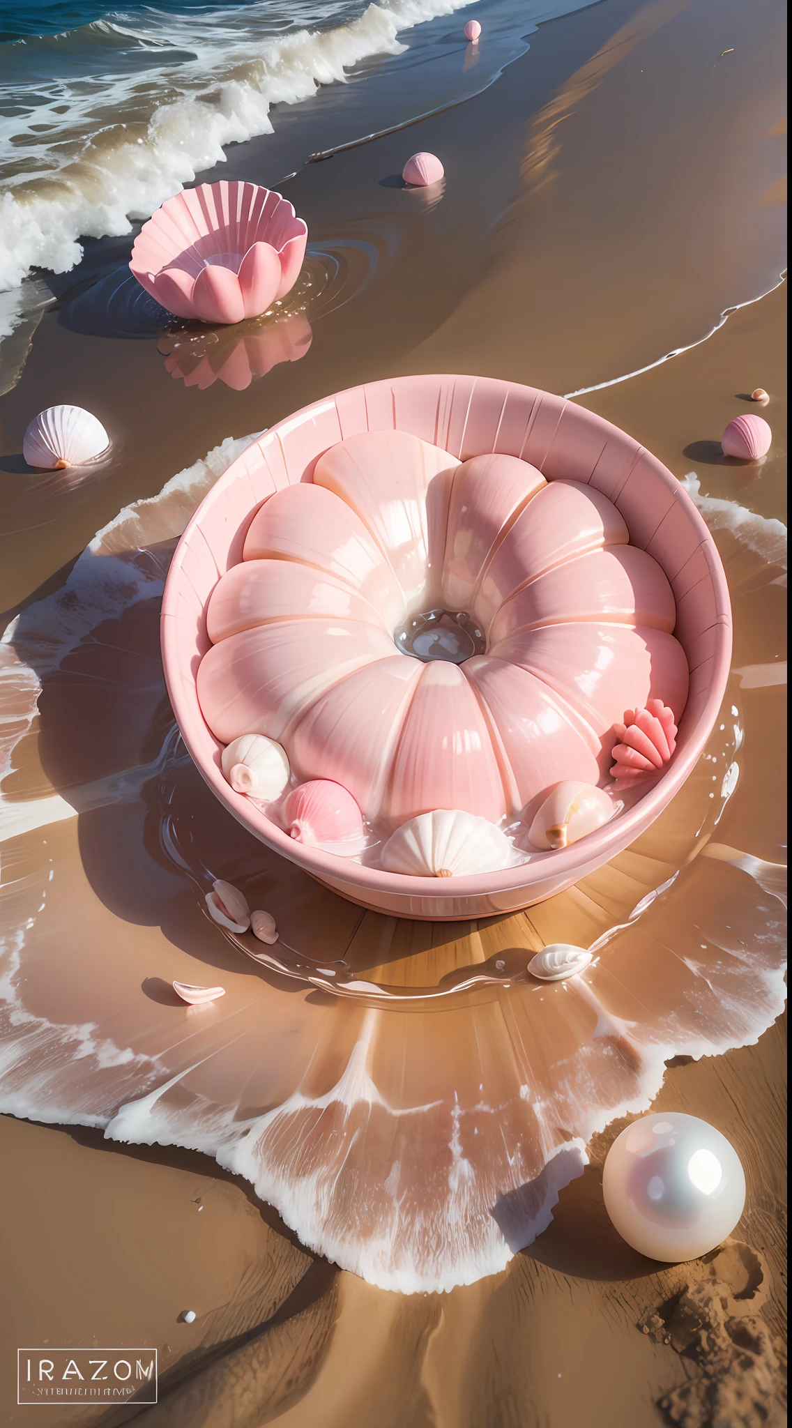 (8K, Raw photo, Best Quality, masutepiece: 1.2), (Realistic, Realistic: 1.37) There are many pink shells on the beach, there is water, pearls, pearls and shells, soft spills, Pearlization, pink jellyfish everywhere, soft 3D rendering, ethereal bubbles, bubble landscape, Iray shader, Soft pink, pink reflections, pearl sky, shells, paradise pink, Pastel colors, pink pastels