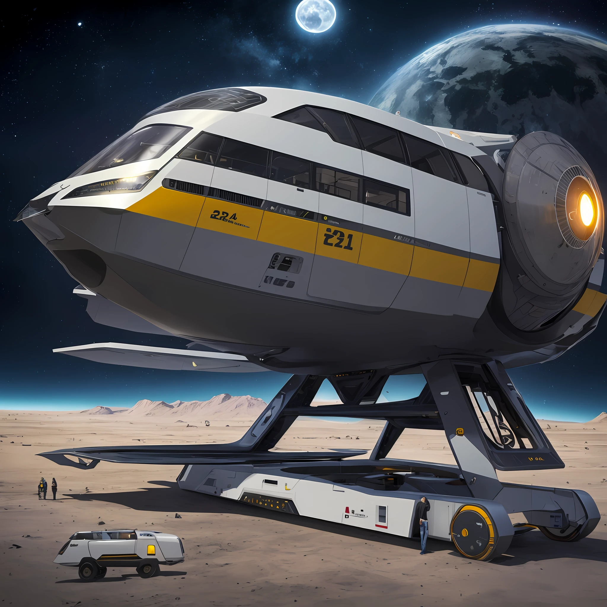 Im Weltall Im Jahr 2150 ein futuristische Raumschiff Weltall Generation, ganze Flotte, Mond im Hintergrund, mega big Ateleri
