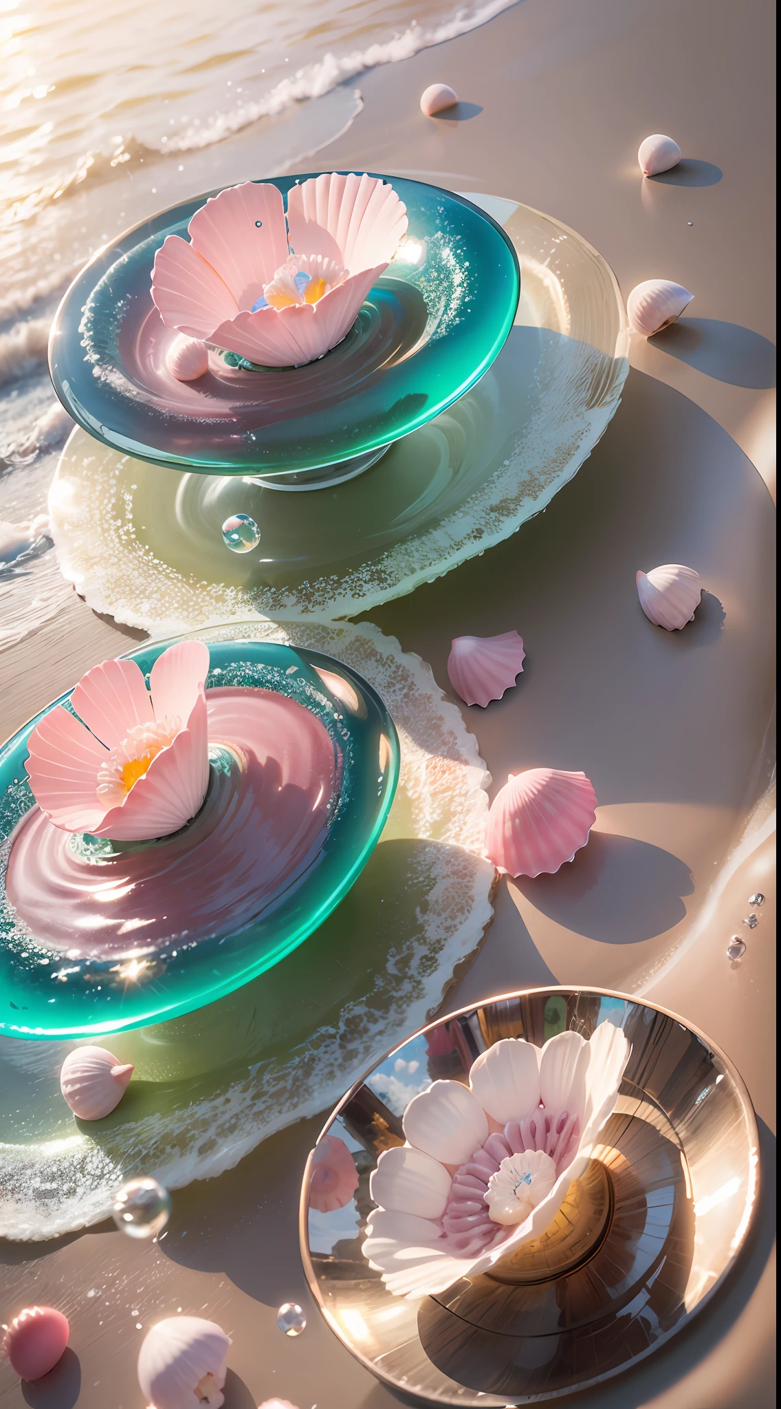 (8K, Raw photo, Best Quality, masutepiece: 1.2), (Realistic, Realistic: 1.37) There are many pink shells on the beach, there is water, pearls, pearls and shells, soft spills, Pearlization, pink jellyfish everywhere, soft 3D rendering, ethereal bubbles, bubble landscape, Iray shader, Soft pink, pink reflections, pearl sky, shells, paradise pink, Pastel colors, pink pastels