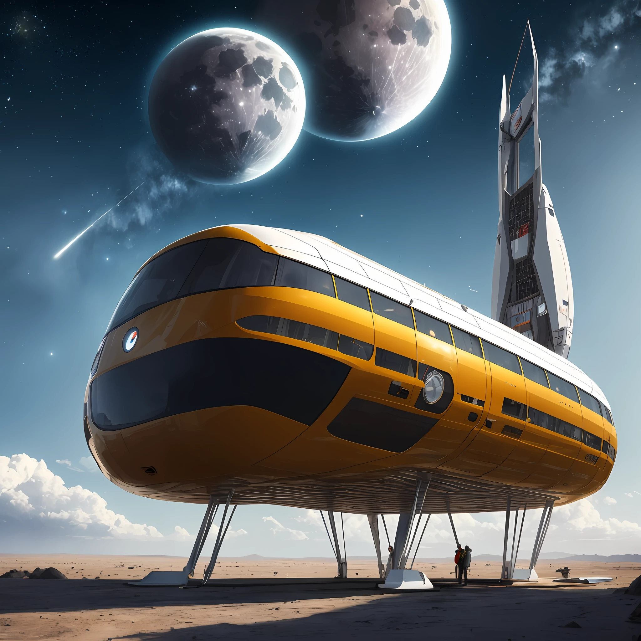 Im Weltall Im Jahr 2150 ein futuristische Raumschiff Weltall Generation, ganze Flotte, Mond im Hintergrund, mega big Ateleri