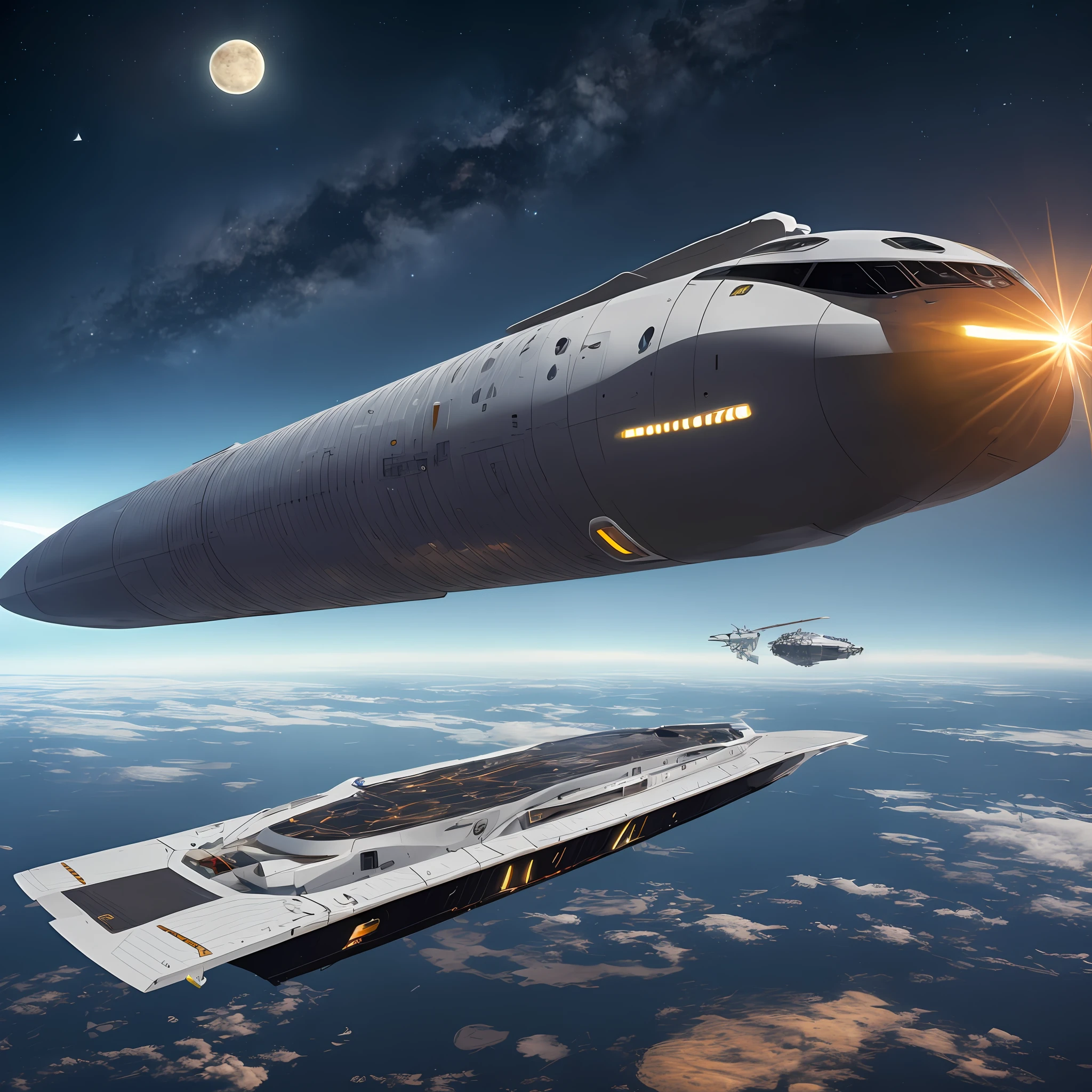 Im Weltall Im Jahr 2300 ein futuristische Raumschiff Weltall Generation, ganze Flotte, Mond im Hintergrund, mega big Ateleri