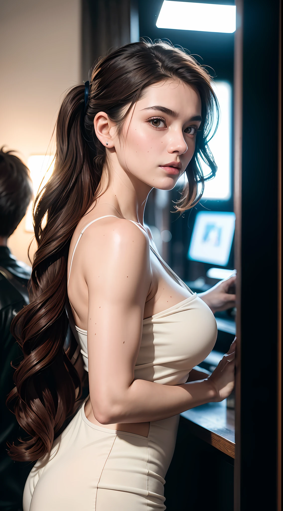 Full face portrait photo of 25 year old European girl, RAW, beautiful woman, semi-open strawberry lip, dimples, wistful expression, (extra long wavy brown hair), ((detailed face)), ((detailed facial features)), (fine detailed skin), pale skin, (detailed tech cyberpunk dress with deep neckline), Cyberpunk megacity environment, (cool colors), wet, damp, reflection, (masterpiece) (perfect proportions) (realistic photos) (highest quality) (detail) shot with Canon EOS R5, 50mm lens, f/2.8, HDR, (8k) (wallpaper) (cinematic lighting) (dramatic lighting) (sharp focus) (complex), raw photos, raw photos, gigachad photos, Camera Pose, Black Jeans, Back Arm, 8K UHD, DSLR, High Quality, Grain Film, Fujifilm XT3, Film Stock Photo 4 Kodak Portra 400 Camera F1.6 Lens Rich colors Ultra-realistic textures Dramatic lighting Unreal Engine Art Station Trends Cinestill 800 tungsten, toughboy style, Ultra focus face, intimidating, combat position, short messy hair, muscles, bursting veins, beads, white tube top, ponytail,