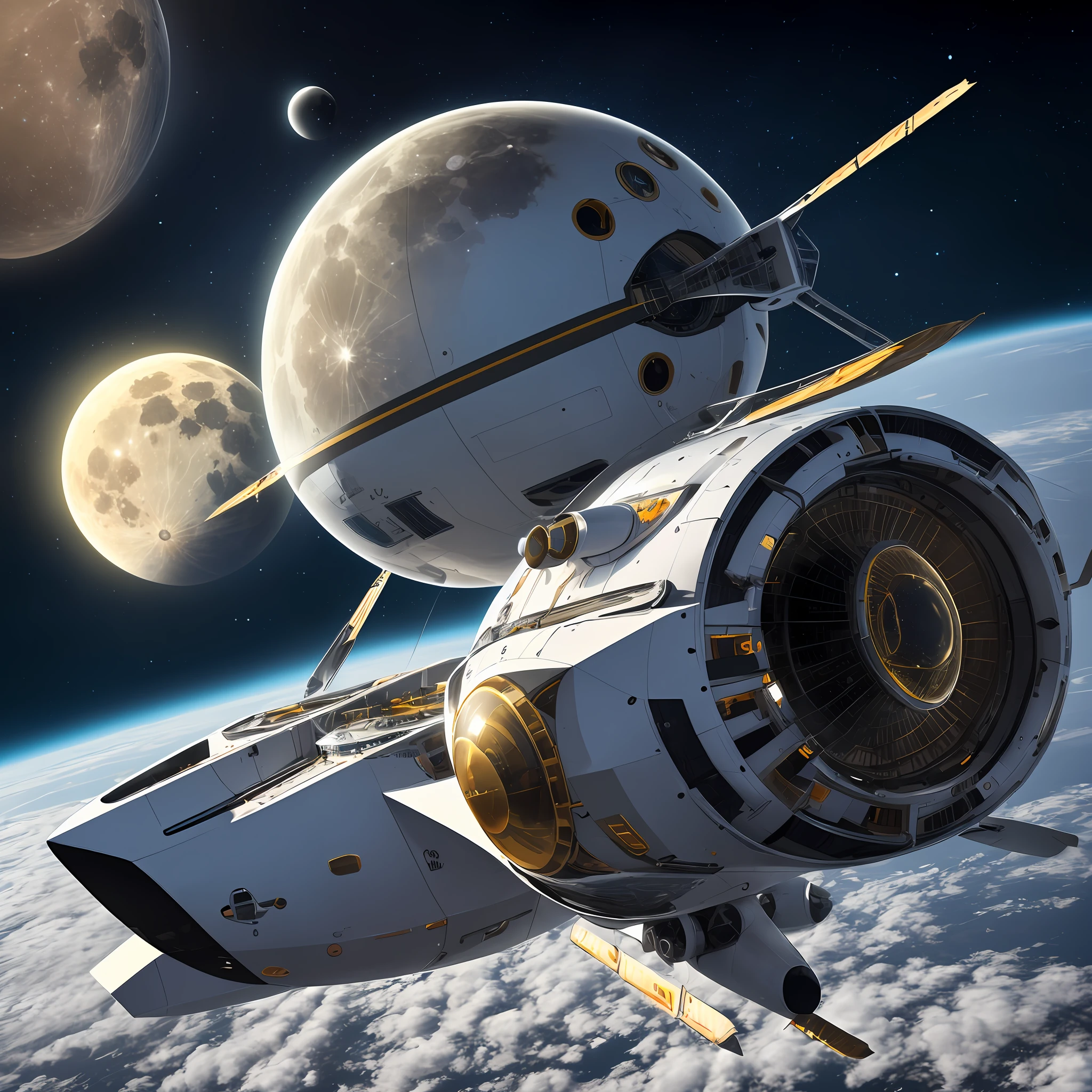Im Weltall Im Jahr 2050 ein futuristische Raumschiff Weltall Generation, ganze Flotte, Mond im Hintergrund