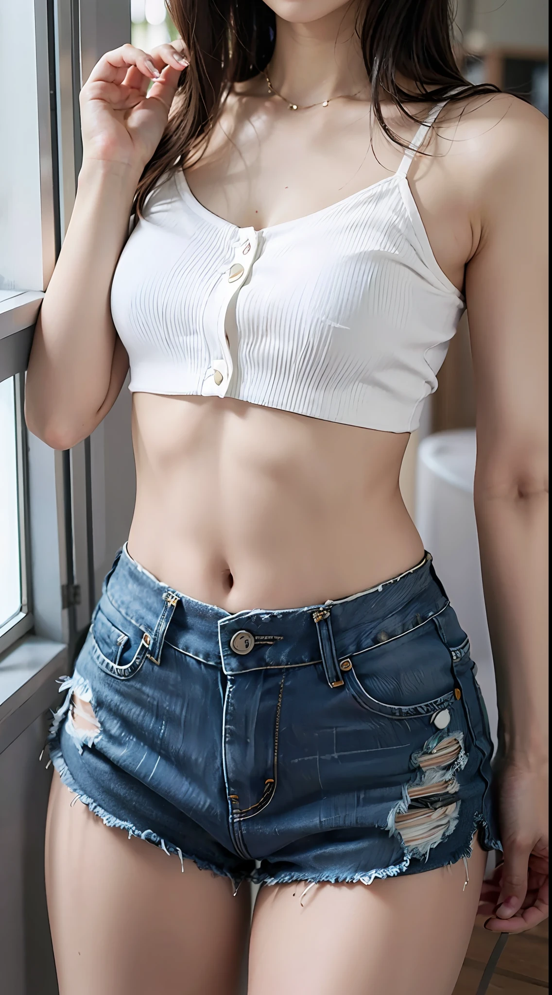 Girl posing in white low cut super short tank top and tight denim shorts、full body Esbian、Cropped tank top、bra very、Slim body、a large bust、Slim Girl Model、24歳の女性モデル、Beautiful body Facing the front Navel out View All Lower abdomen showing a beautiful belly Too torn denim shorts Shabby denim shorts Thigh exposure Very small camisole in shabby Very short small camisole Denim shorts that are too short You can see all the shapes of your genitals The shape of the genitals is perfectly visible Small denim shorts with only thin strings Low-rise denim shorts Beautiful breasts tits out genitals are visible Show more lower abdomen An ultra-high picture quality The ultra -The high-definition 8K Scanty shorts Denim shorts like strings Denim shorts with buttons open Denim shorts with zipper open No panties Pubic hair is slightly visible