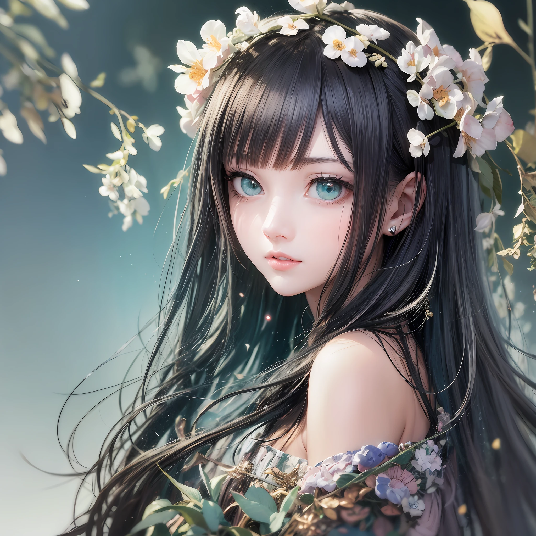 animesque、Clear, Moisturizing sea green eyes、Beautiful woman like a fashion model、a closeup、portlate、Beautiful, Beautiful black hair without hair ornaments, hight resolution, top-quality, masterpiece, 8k wallpaper、 One Person、Beautiful skin、17age、