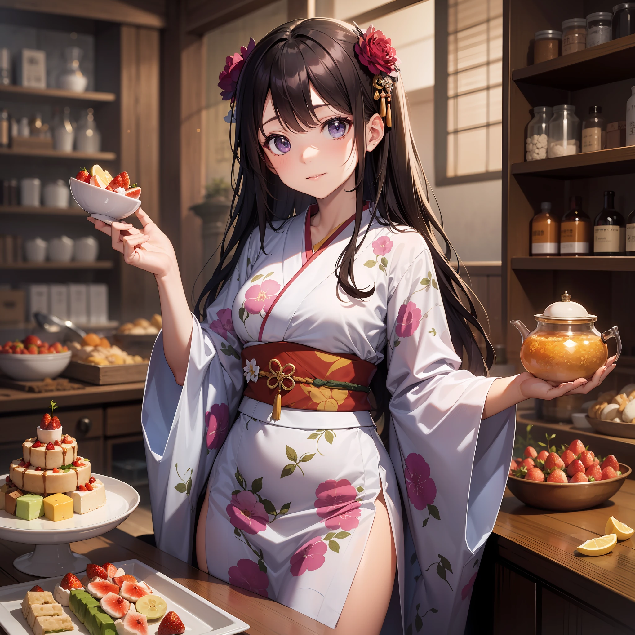 Top image quality　Original Characters、cosmopolitan beauty、Volume Lighting、Purple Straight Long Hair、wagashi、Jinping Party、Summer kimono with strawberry pattern