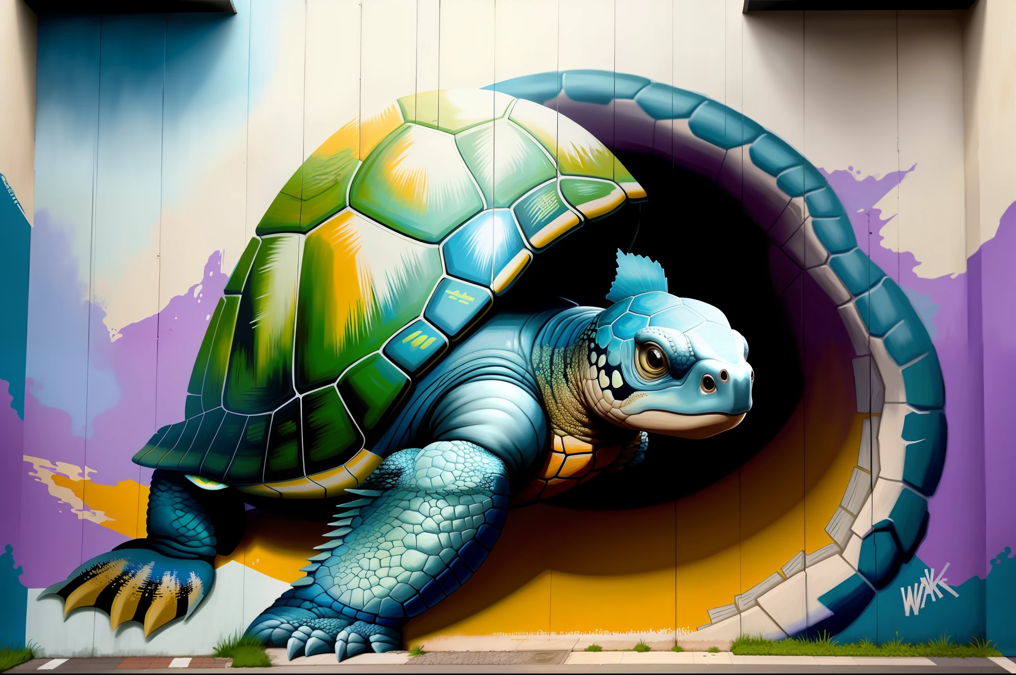 painting of a turtle on a wall in a parking lot, turtle, street art 8 k, great leviathan turtle, world-bearing turtle, mural art, painted on a giant wall, ultradetailed mural, perfect master piece, by Craola, by Willian Murai, street art:2 highly detailed, streetart, masterpiece work of art, street art:2