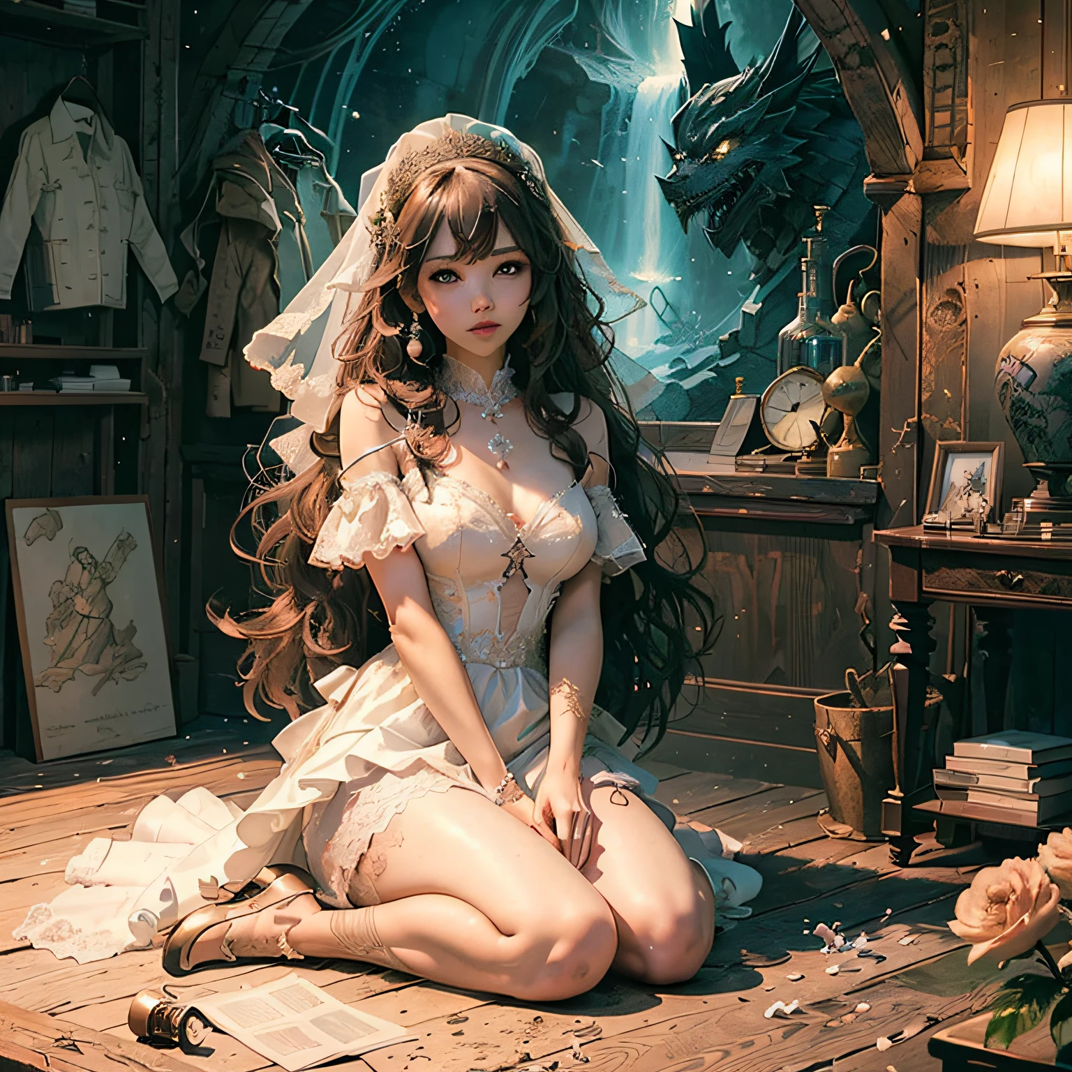 ((of the best quality , masterpiece, illustrations, an extremely delicate and beautiful, extremely detailed ,CG ,unity ,8K wallpapers, amazing, fine details, masterpiece,of the best quality,official art,Extremely detailed CG unified 8k wallpaper)),long shot,1女孩,独奏, ,Bare shoulders, ulzzang-6500-v1.1,wedding dress,